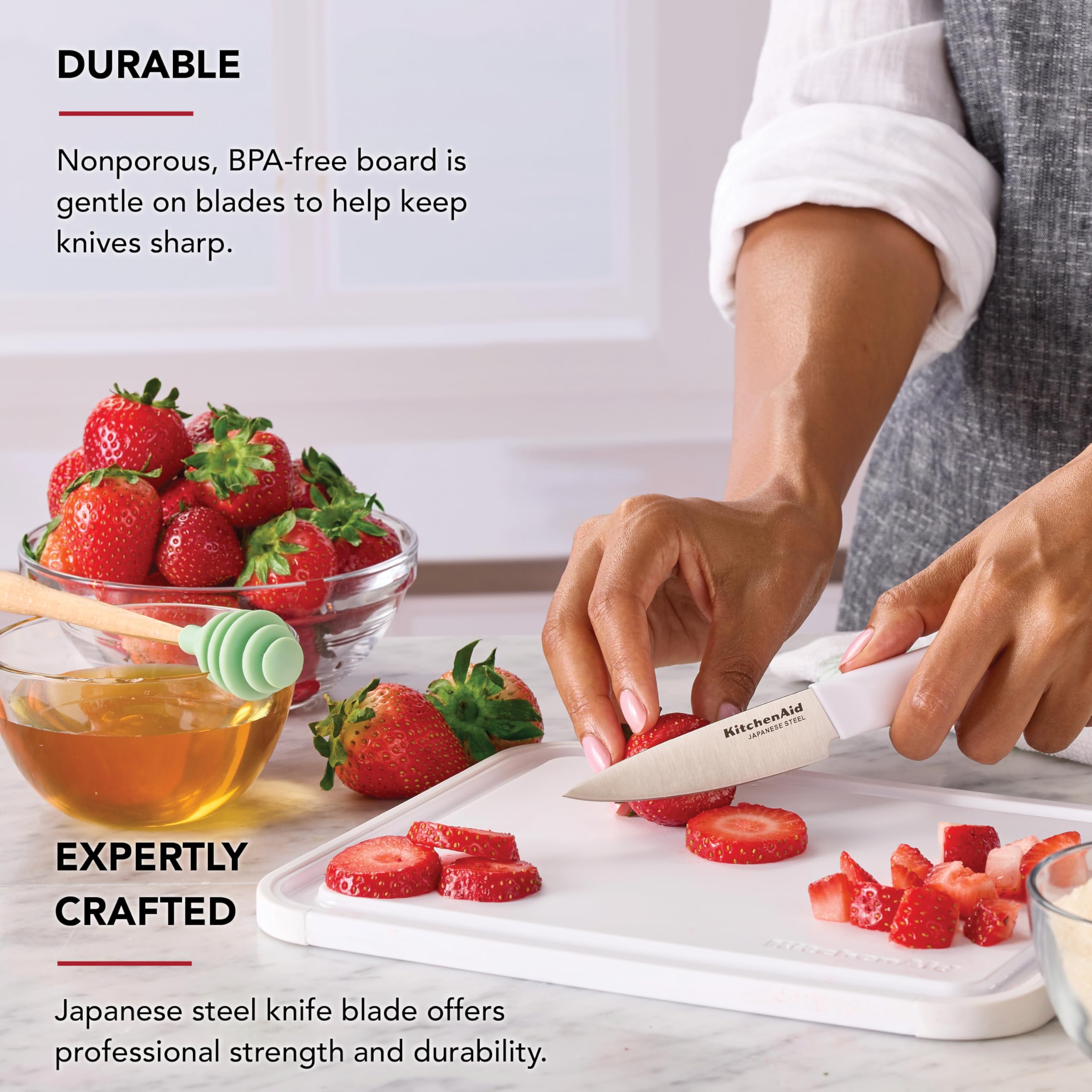 KitchenAid 3.5-Inch Paring Knife with 8x10 Inch Poly Cutting Board Set, High Carbon Japanese Steel, Ergonomic Handle, and Nonslip Edges, White - Image 3