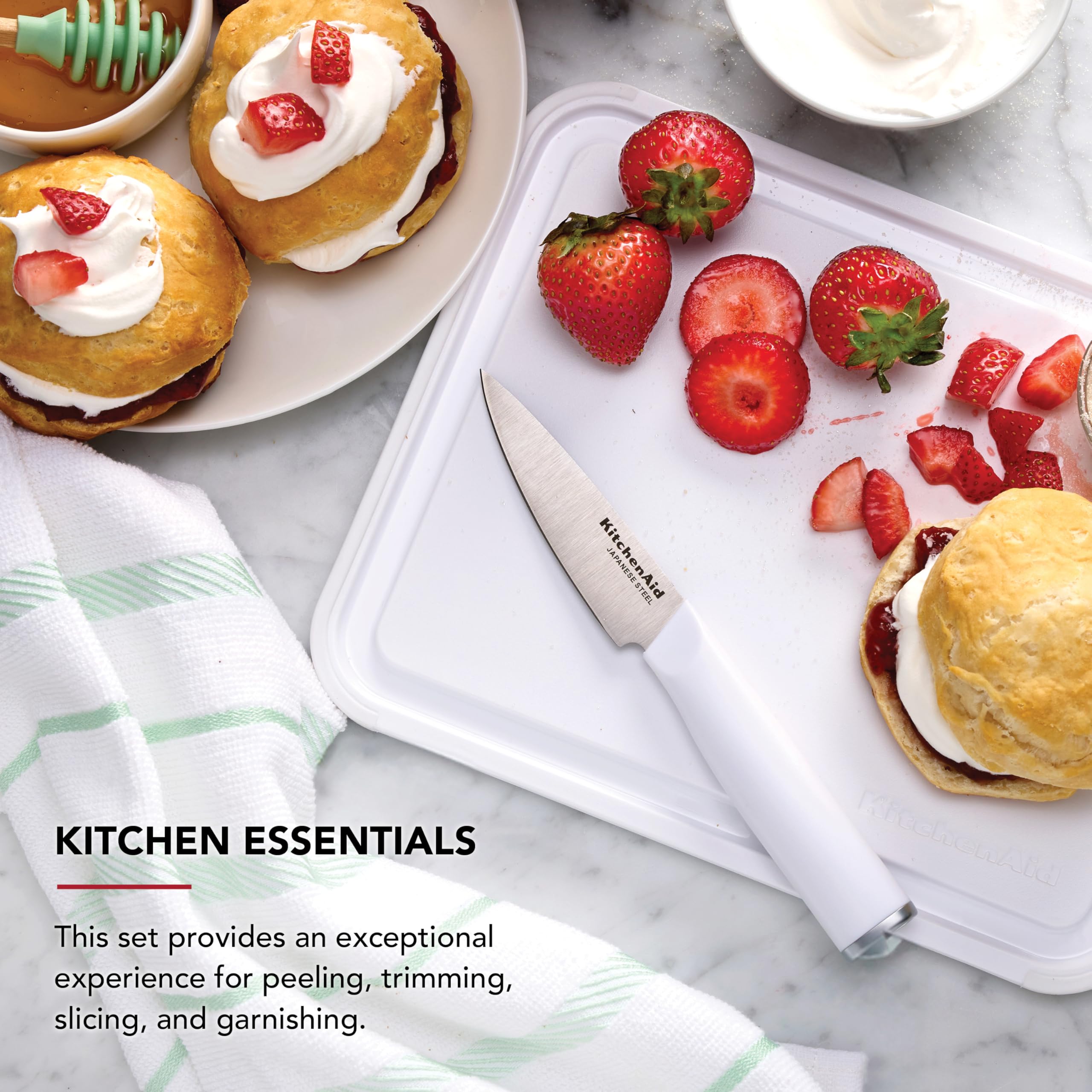 KitchenAid 3.5-Inch Paring Knife with 8x10 Inch Poly Cutting Board Set, High Carbon Japanese Steel, Ergonomic Handle, and Nonslip Edges, White - Image 4