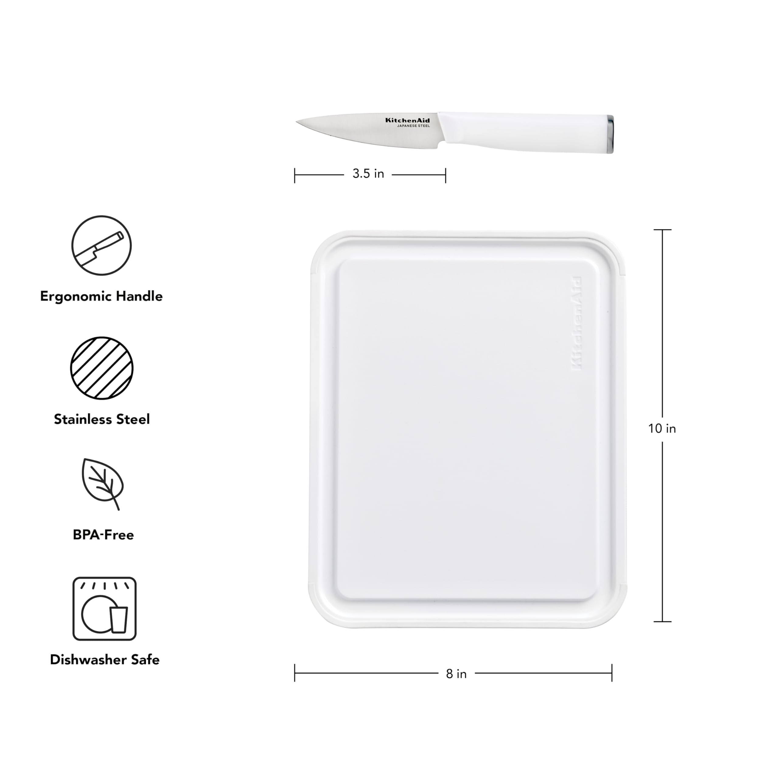 KitchenAid 3.5-Inch Paring Knife with 8x10 Inch Poly Cutting Board Set, High Carbon Japanese Steel, Ergonomic Handle, and Nonslip Edges, White - Image 5