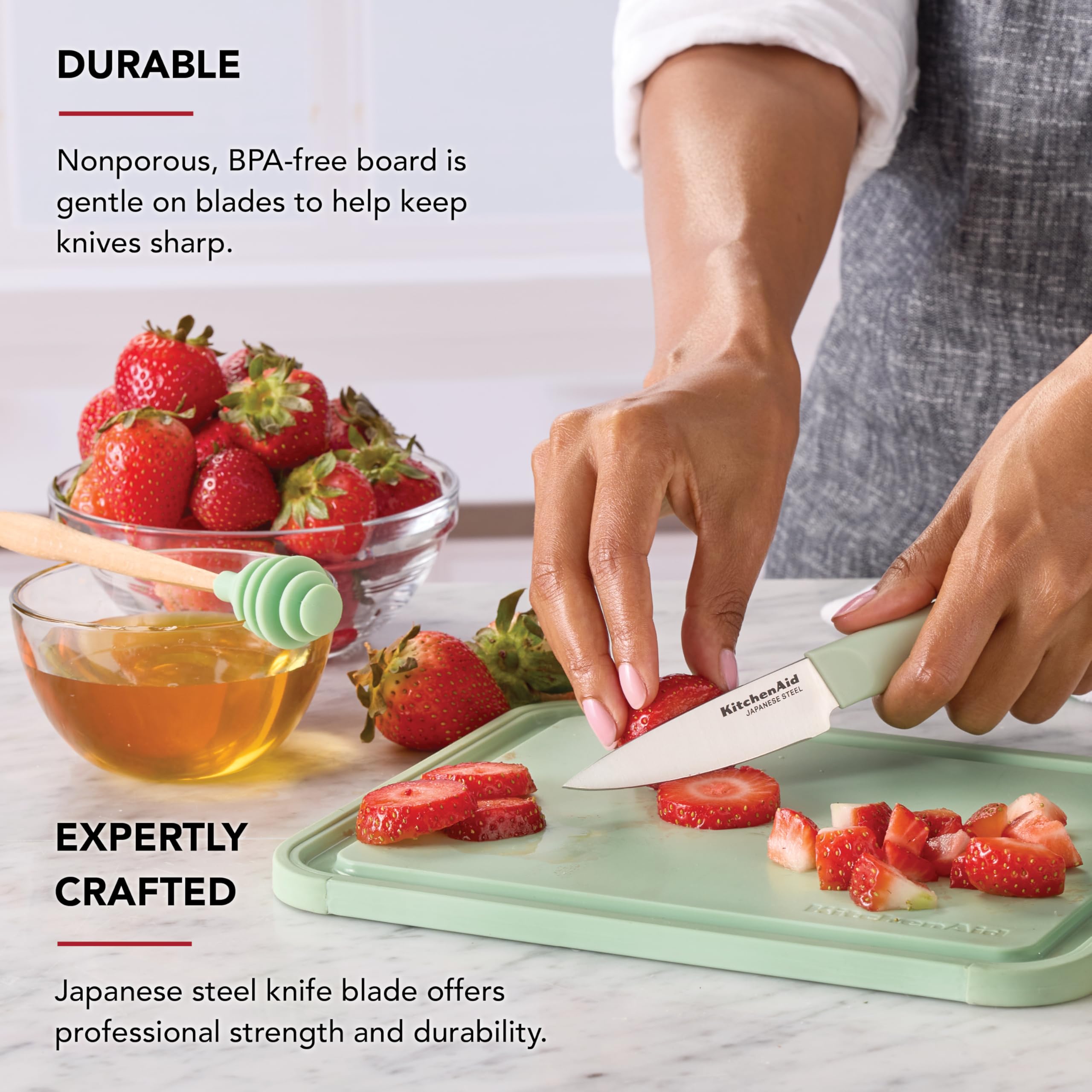 KitchenAid 3.5-Inch Paring Knife with 8x10 Inch Poly Cutting Board Set, High Carbon Japanese Steel, Ergonomic Handle, and Nonslip Edges, Pistachio - Image 3