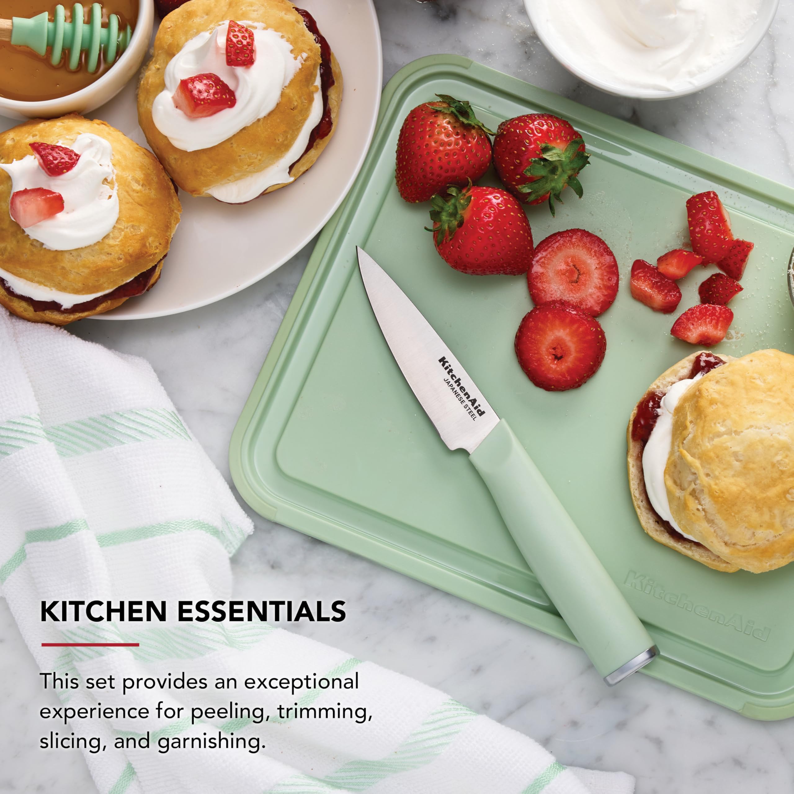 KitchenAid 3.5-Inch Paring Knife with 8x10 Inch Poly Cutting Board Set, High Carbon Japanese Steel, Ergonomic Handle, and Nonslip Edges, Pistachio - Image 4