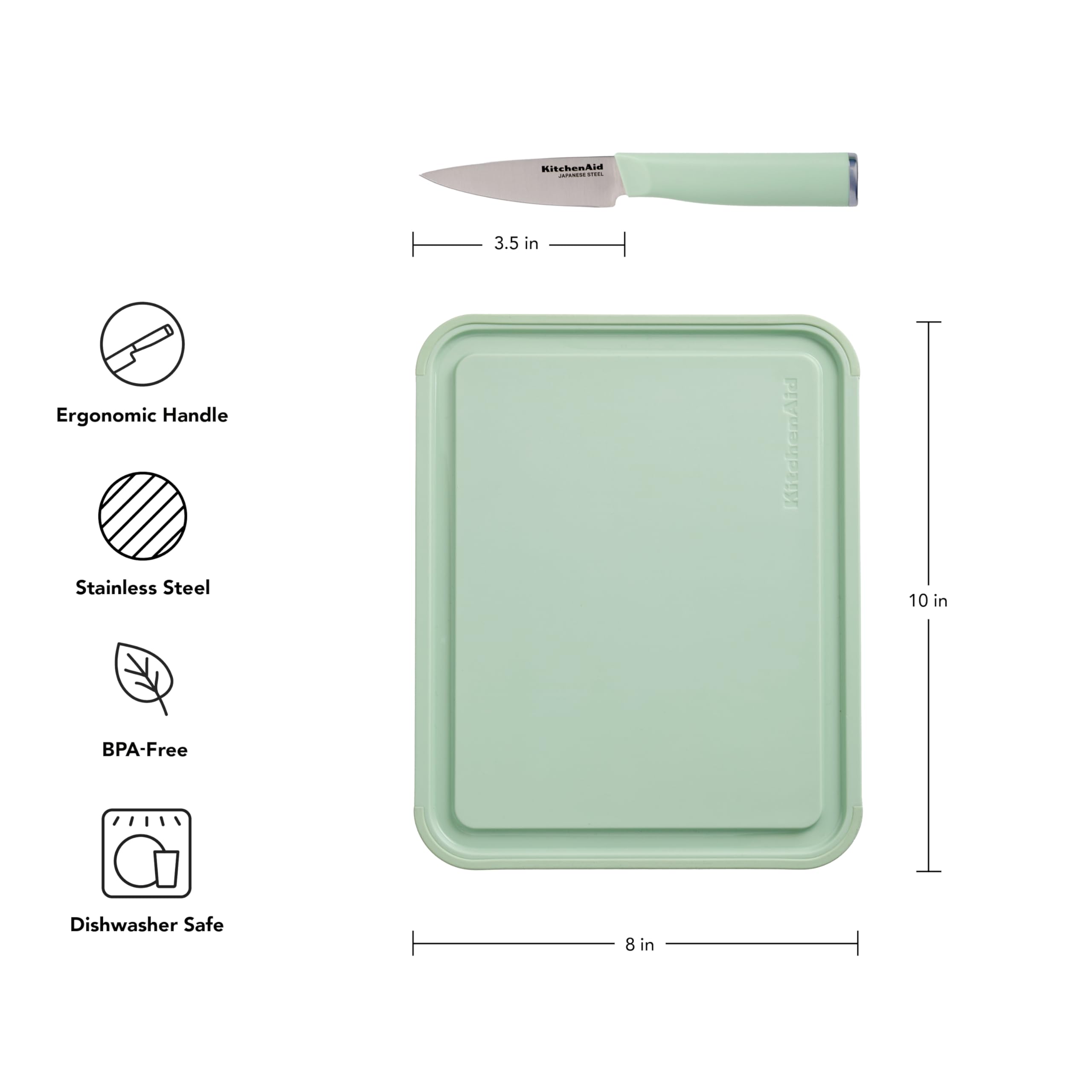 KitchenAid 3.5-Inch Paring Knife with 8x10 Inch Poly Cutting Board Set, High Carbon Japanese Steel, Ergonomic Handle, and Nonslip Edges, Pistachio - Image 5