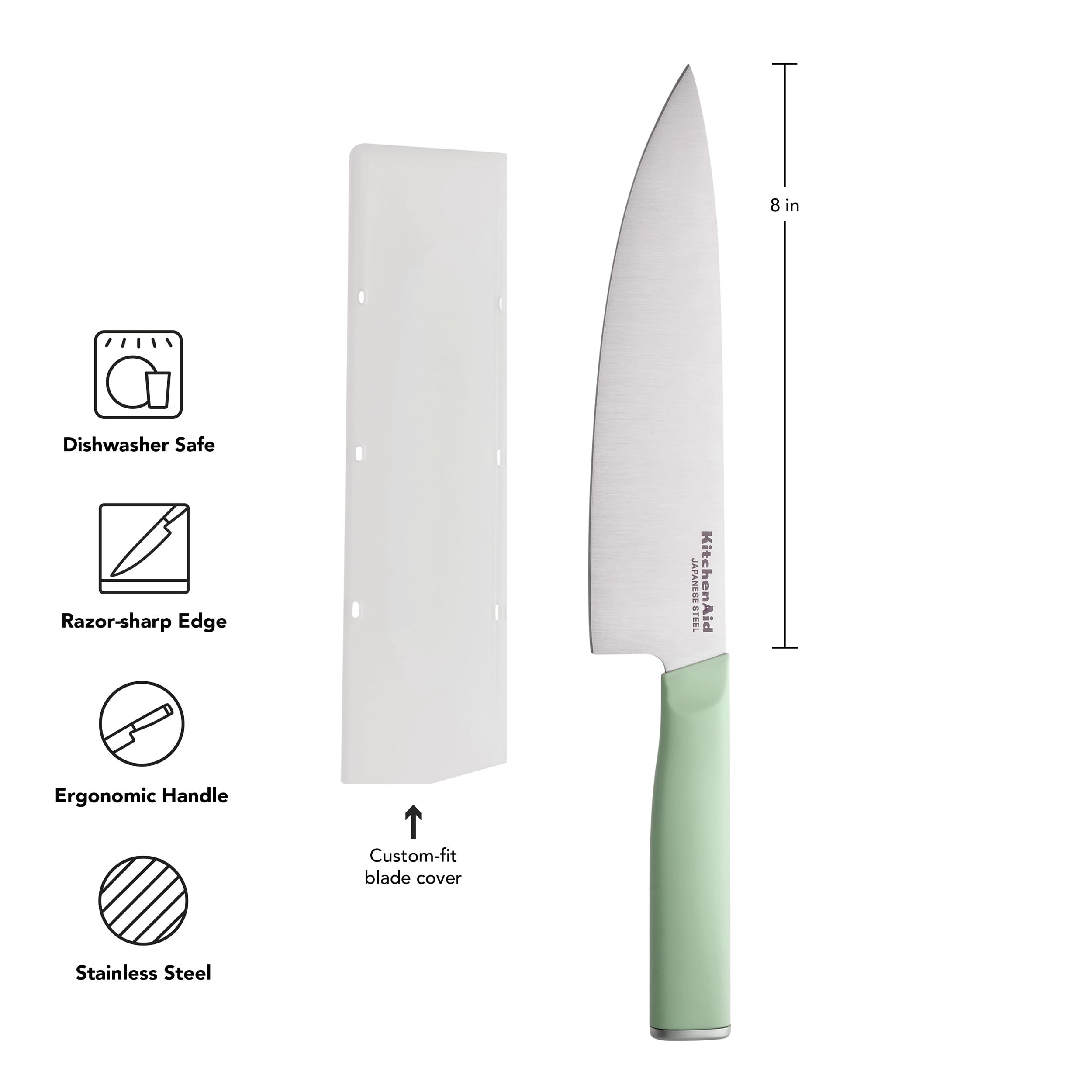 KitchenAid Classic Chef Knife with Custom-Fit Blade Cover, Sharp Kitchen Knife, High-Carbon Japanese Stainless Steel Blade Blade, 8 inch, Pistachio - Image 5