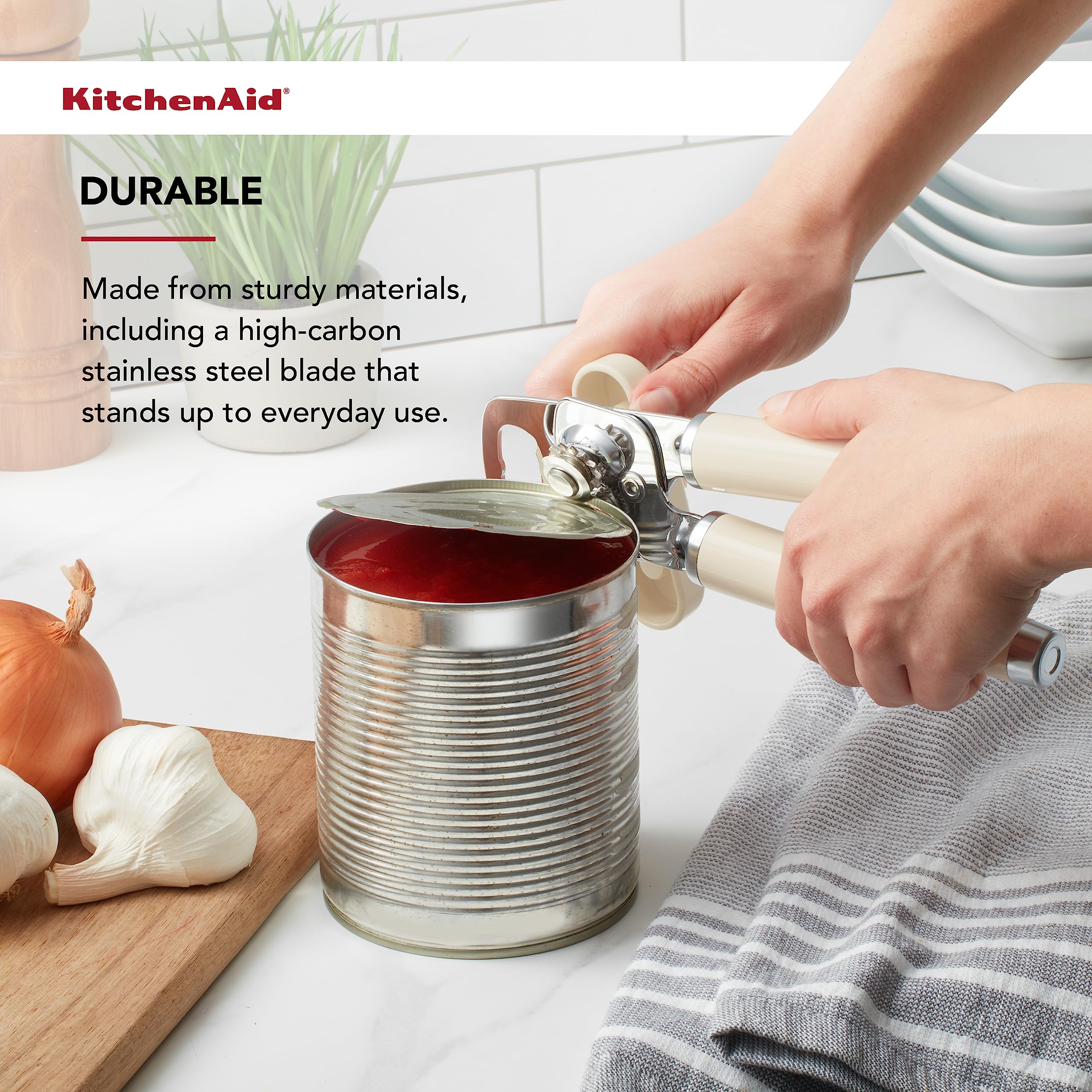 KitchenAid Classic Multifunction Can Opener and Bottle Opener Easy to Use, Razor Sharp Stainless Steel Cutting Wheel, Soft Ergonomic Handles, Almond Cream - Image 4
