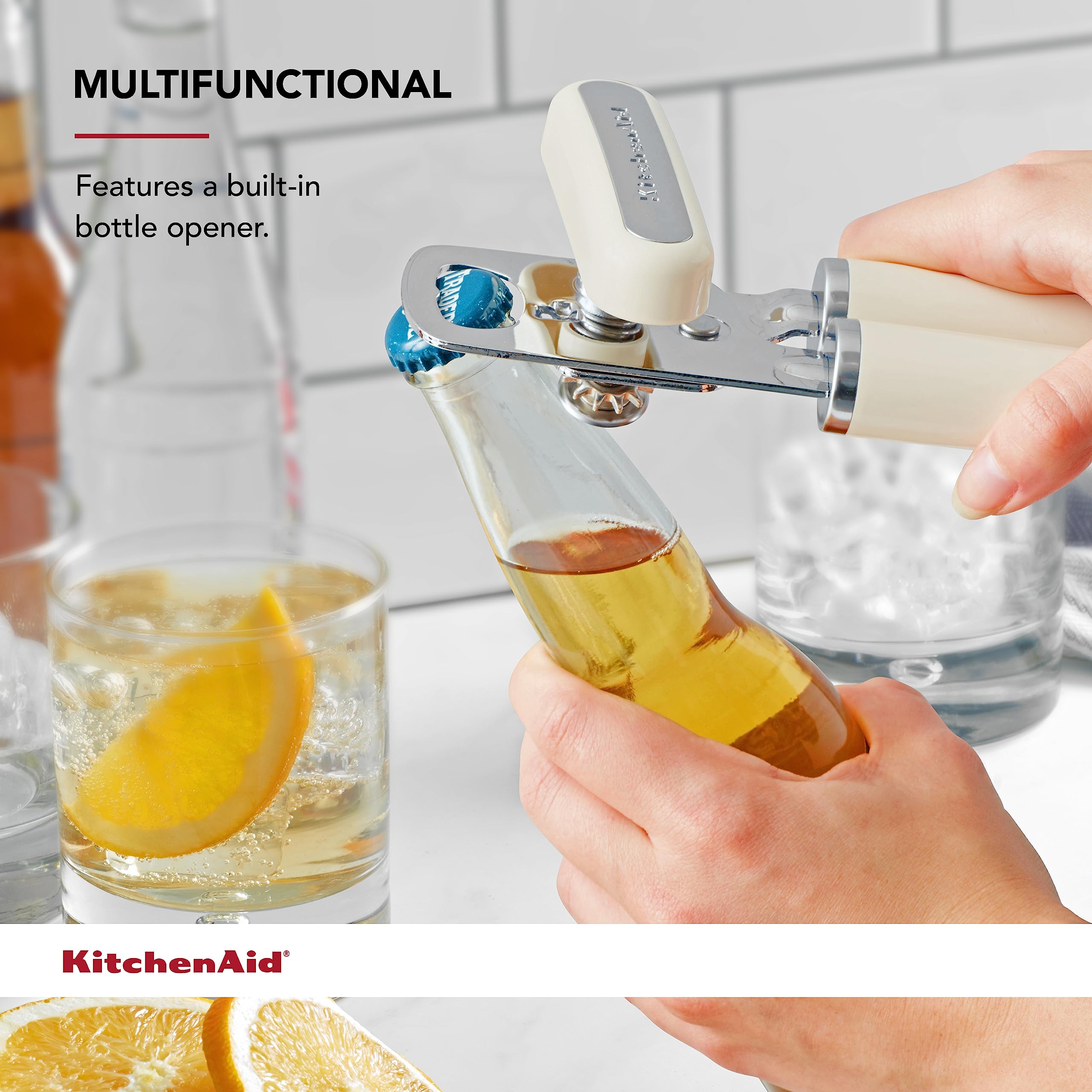 KitchenAid Classic Multifunction Can Opener and Bottle Opener Easy to Use, Razor Sharp Stainless Steel Cutting Wheel, Soft Ergonomic Handles, Almond Cream - Image 5