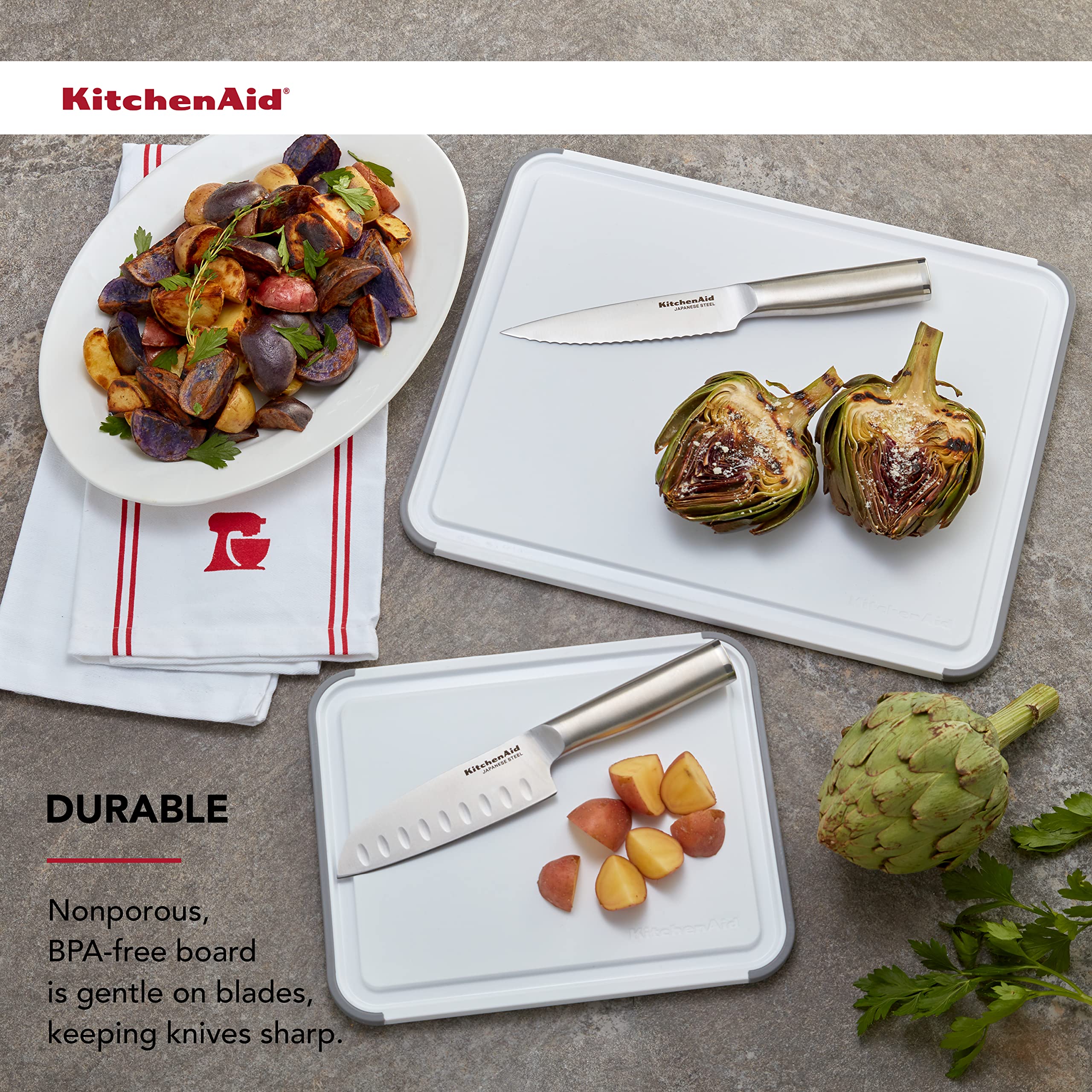 KitchenAid Classic Nonslip 2-Piece Plastic Cutting Board Set with Perimeter Trench and Non Slip Edges, 2-Piece Kitchen Chopping Boards, Dishwasher-Safe, White and Gray - Image 4