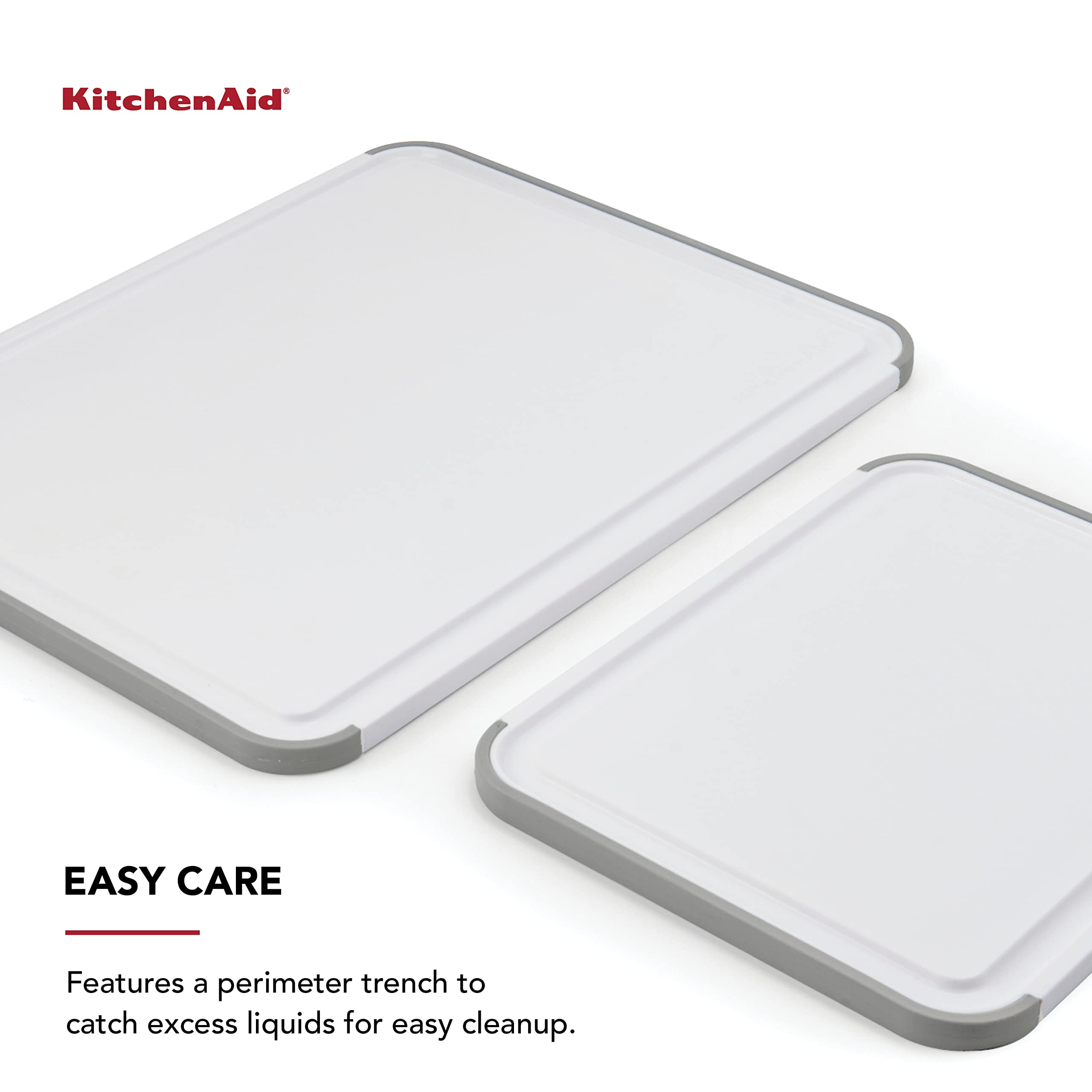 KitchenAid Classic Nonslip 2-Piece Plastic Cutting Board Set with Perimeter Trench and Non Slip Edges, 2-Piece Kitchen Chopping Boards, Dishwasher-Safe, White and Gray - Image 5