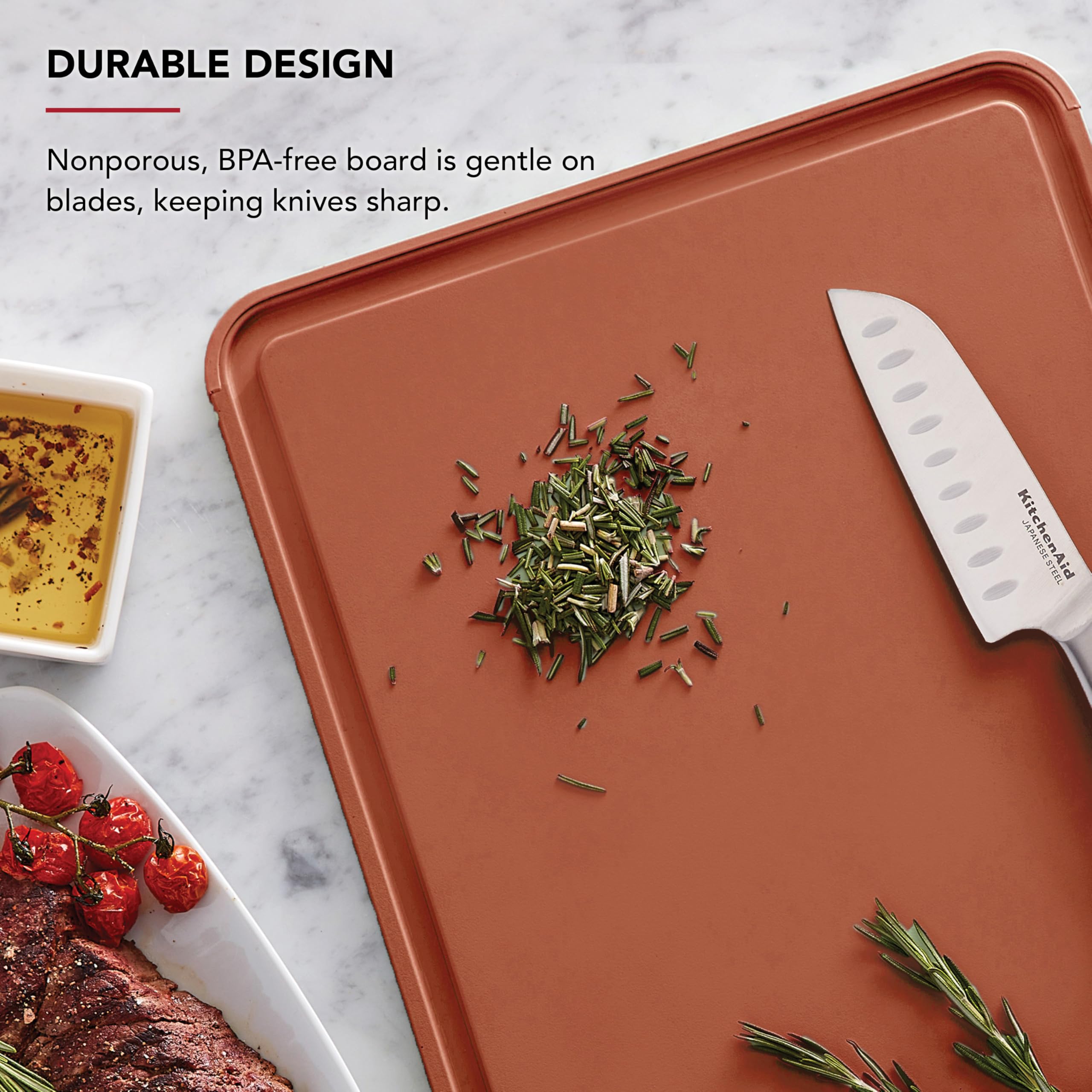 KitchenAid Classic Plastic Cutting Board with Perimeter Trench and Non Slip Edges, Dishwasher Safe, 12 x 18 inch, Scorched Orange - Image 4