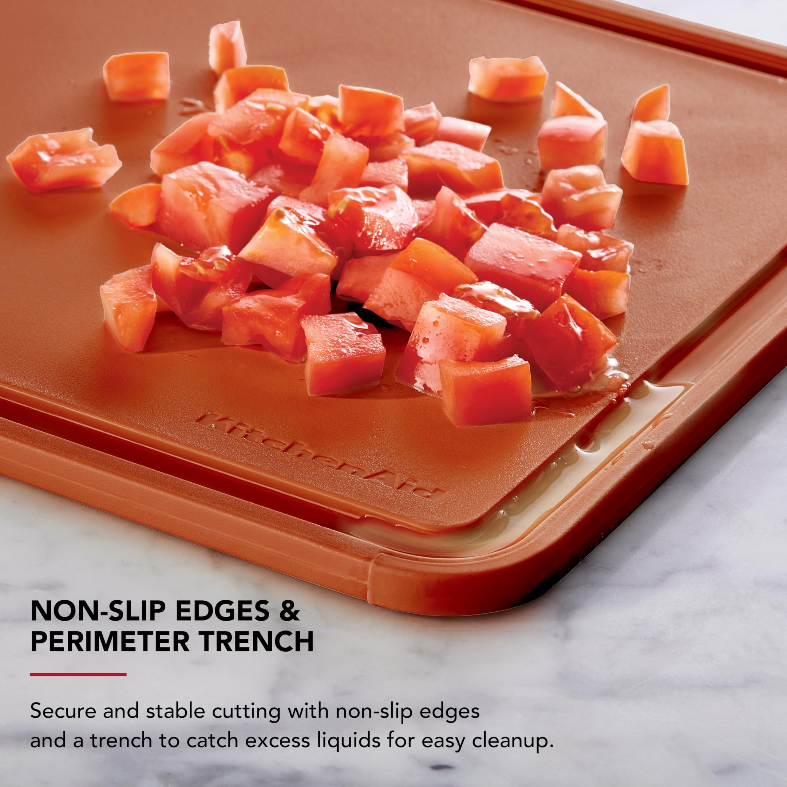 KitchenAid Classic Plastic Cutting Board with Perimeter Trench and Non Slip Edges, Dishwasher Safe, 11 x 14 inch, Scorched Orange - Image 3