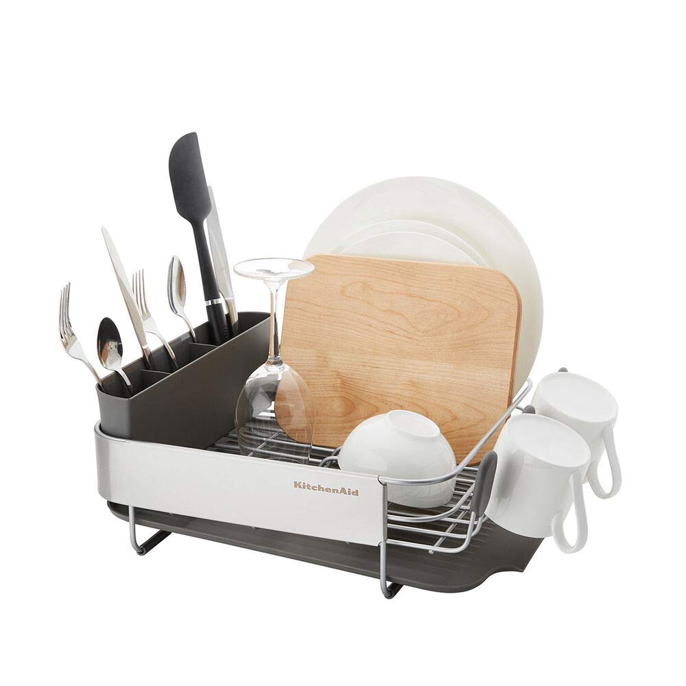 KitchenAid Compact, Space Saving Rust Resistant Dish Rack, with Angled Self Draining Drain Board and Removable Flatware Caddy, 16.06-Inch, Gray - Image 3
