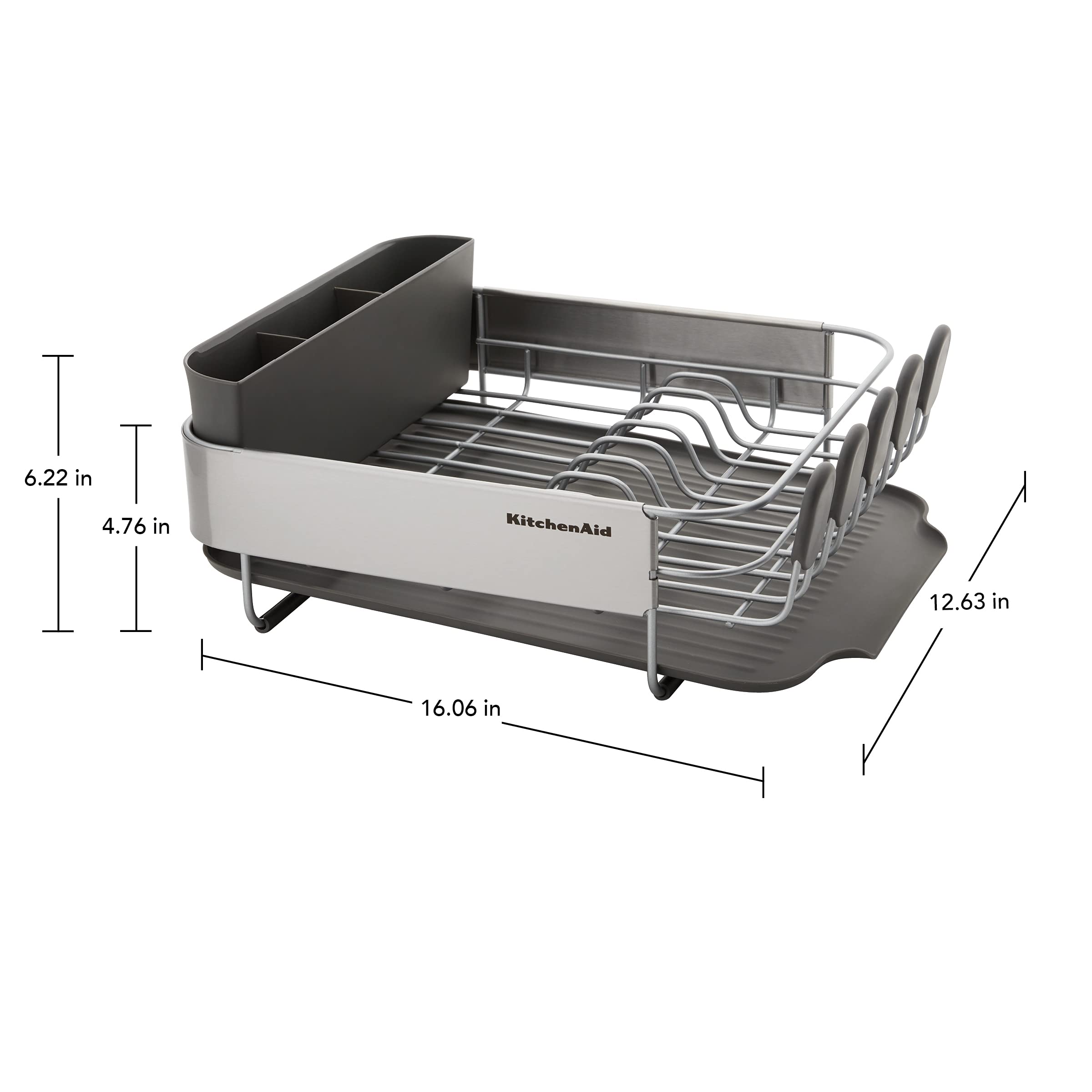 KitchenAid Compact, Space Saving Rust Resistant Dish Rack, with Angled Self Draining Drain Board and Removable Flatware Caddy, 16.06-Inch, Gray - Image 5