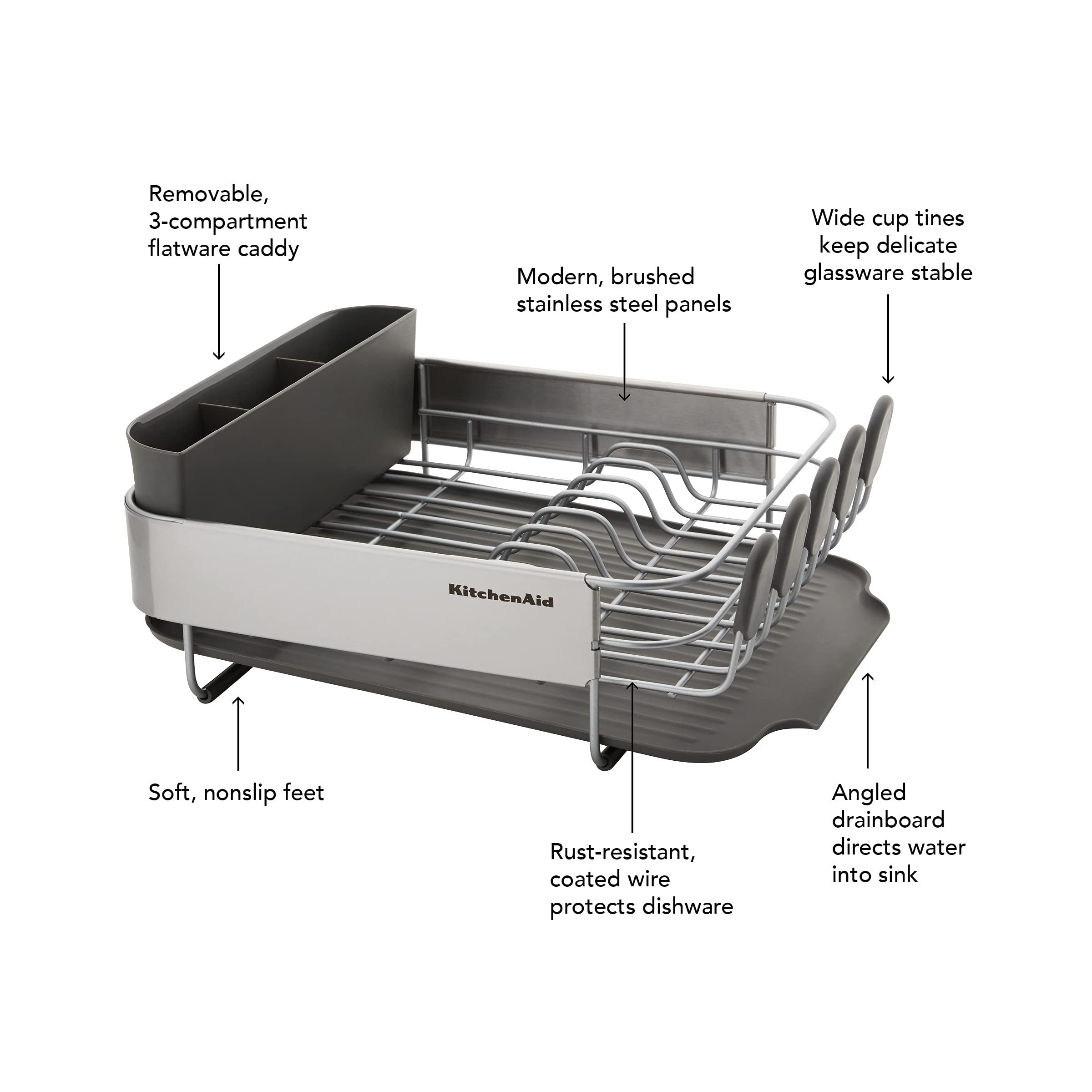 KitchenAid Compact, Space Saving Rust Resistant Dish Rack, with Angled Self Draining Drain Board and Removable Flatware Caddy, 16.06-Inch, Gray - Image 6