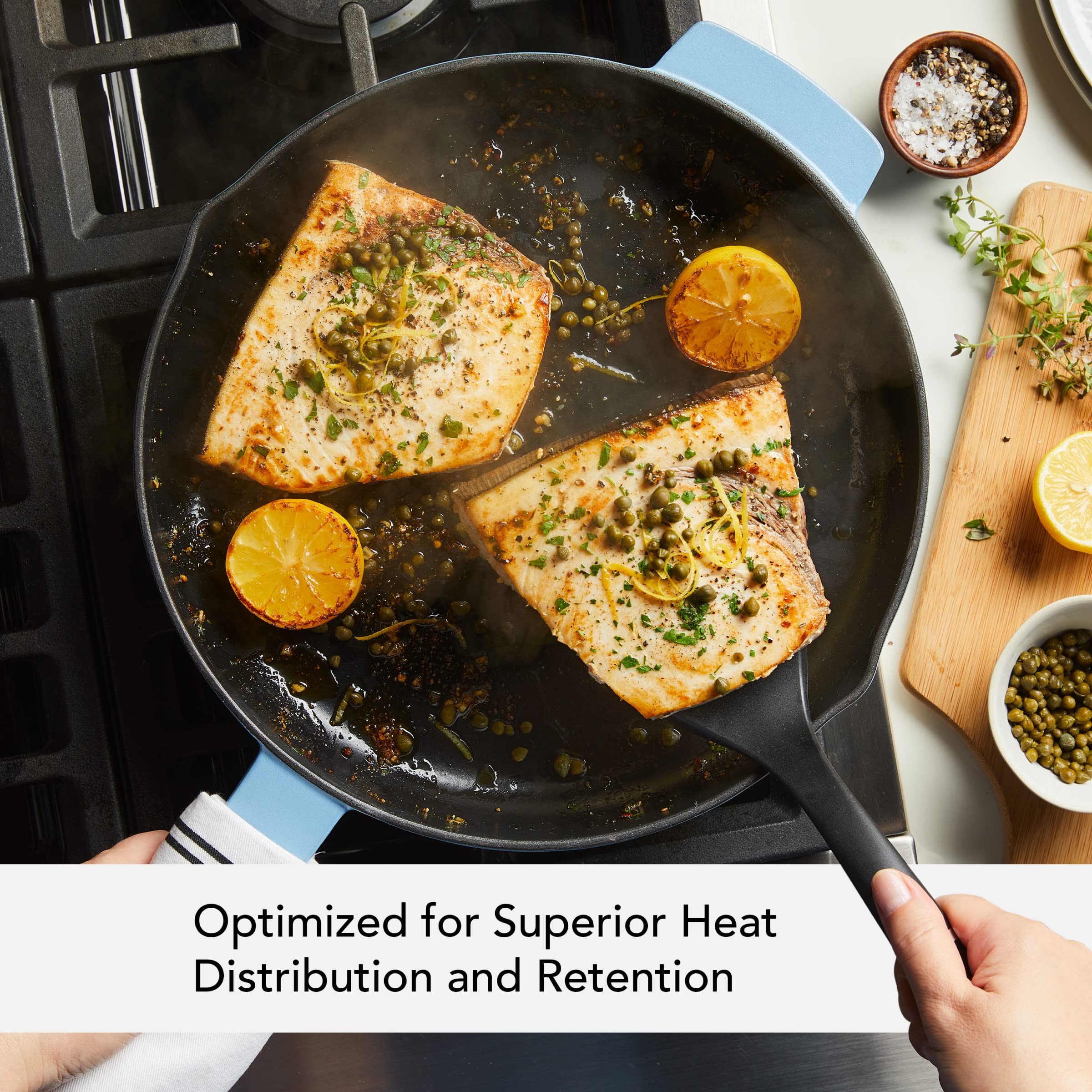 KitchenAid Enameled Cast Iron Frying Pan/Skillet with Helper Handle and Pour Spouts, 12 Inch, Blue Velvet - Image 4