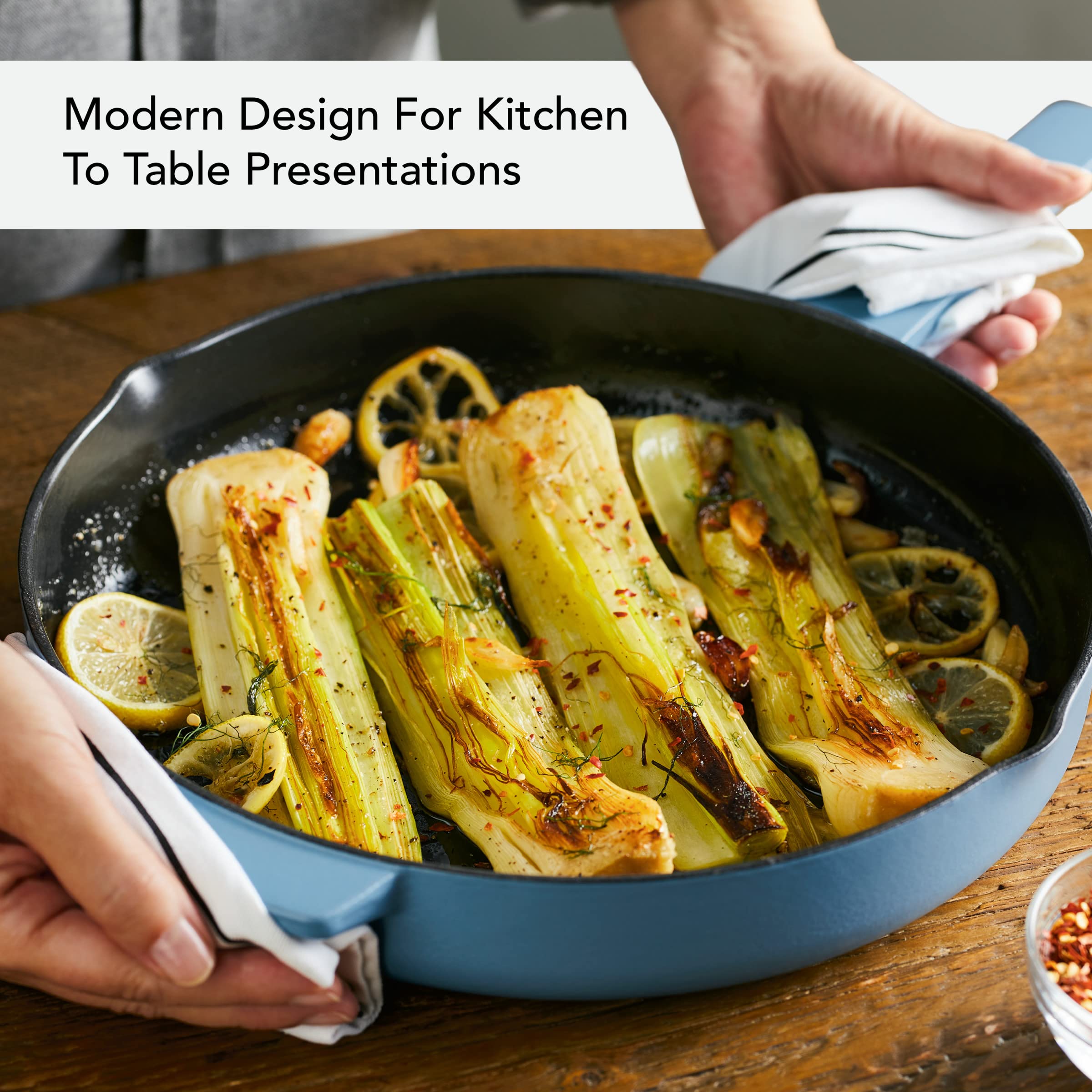 KitchenAid Enameled Cast Iron Frying Pan/Skillet with Helper Handle and Pour Spouts, 12 Inch, Blue Velvet - Image 6