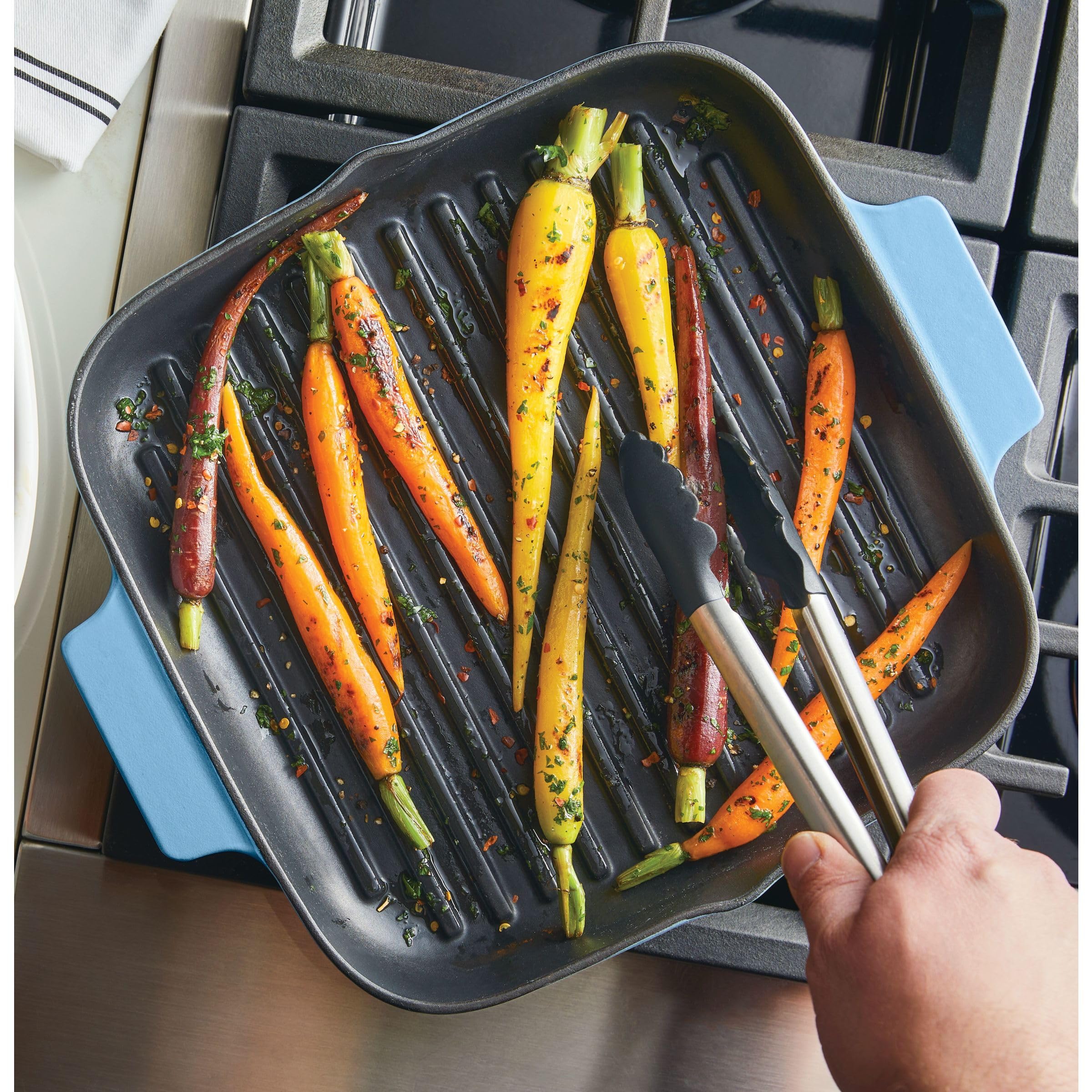 KitchenAid Enameled Cast Iron Square Grill and Roasting Pan, 11 Inch - Blue Velvet - Image 7