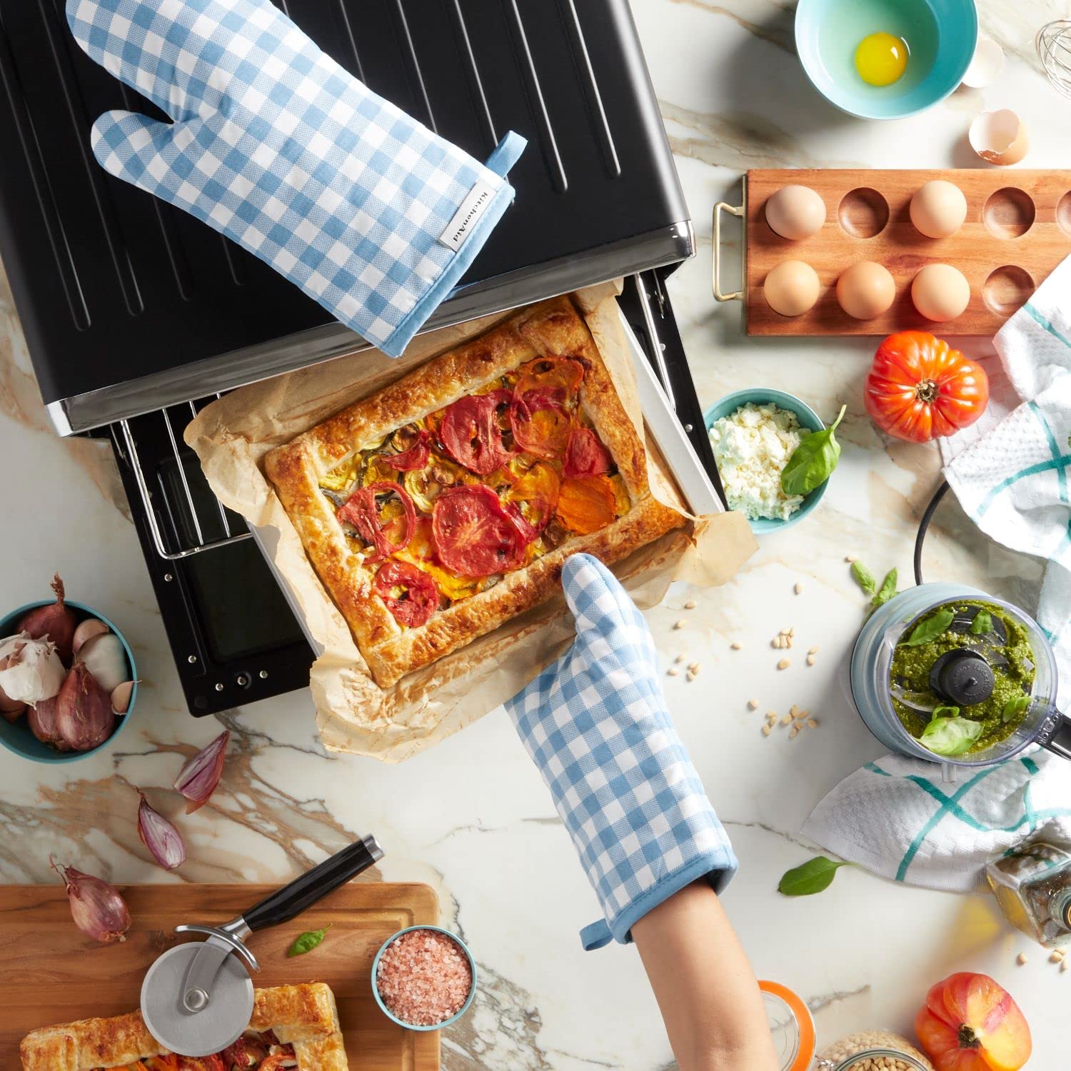 KitchenAid Gingham Oven Mitt 2-Pack Set, Blue Velvet, 7"x13" - Image 5