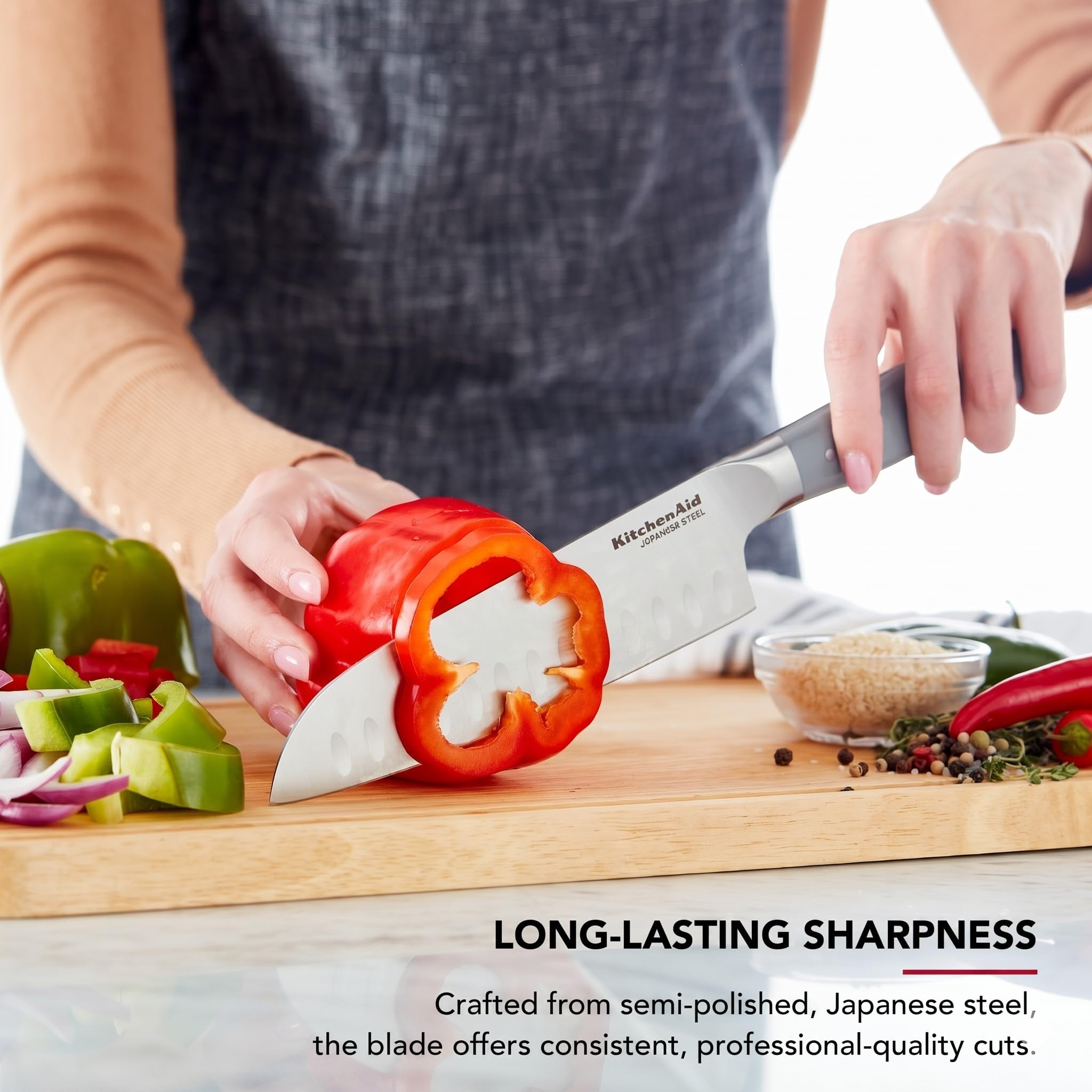 KitchenAid Gourmet Forged Santoku Knife with Custom-Fit Blade Cover, Sharp Kitchen Knife, High-Carbon Japanese Stainless Steel Blade, 7 Inch, Gray - Image 3