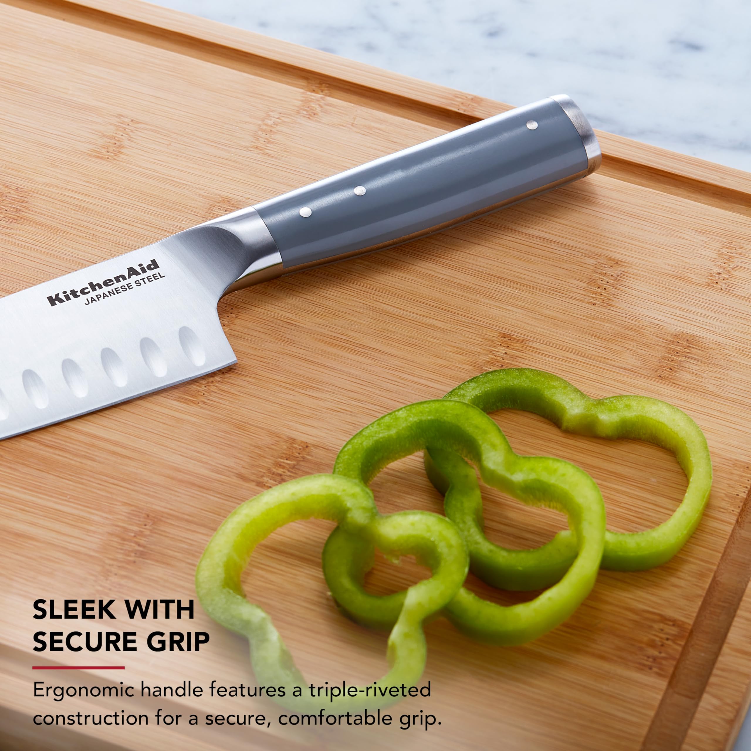 KitchenAid Gourmet Forged Santoku Knife with Custom-Fit Blade Cover, Sharp Kitchen Knife, High-Carbon Japanese Stainless Steel Blade, 7 Inch, Gray - Image 4