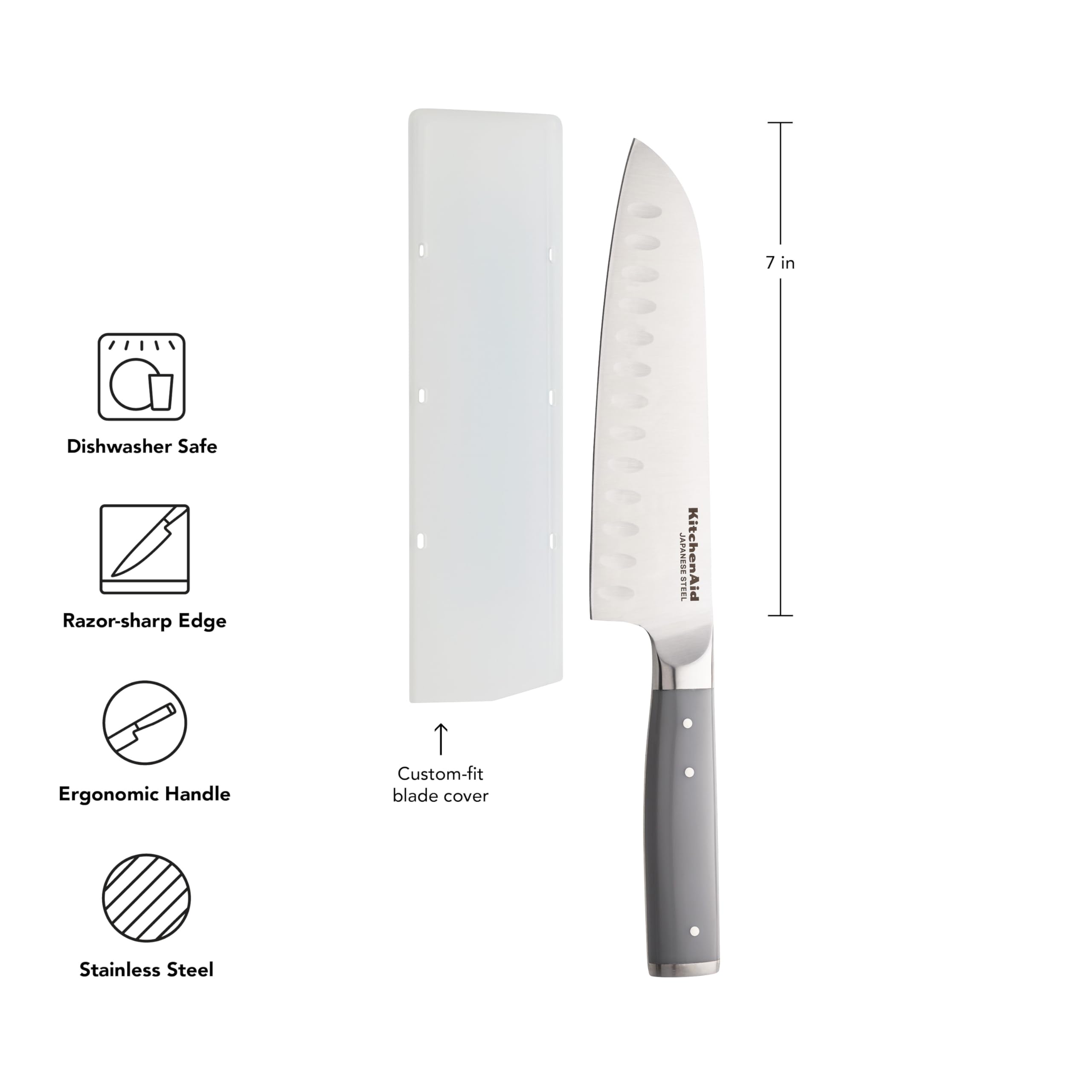 KitchenAid Gourmet Forged Santoku Knife with Custom-Fit Blade Cover, Sharp Kitchen Knife, High-Carbon Japanese Stainless Steel Blade, 7 Inch, Gray - Image 5