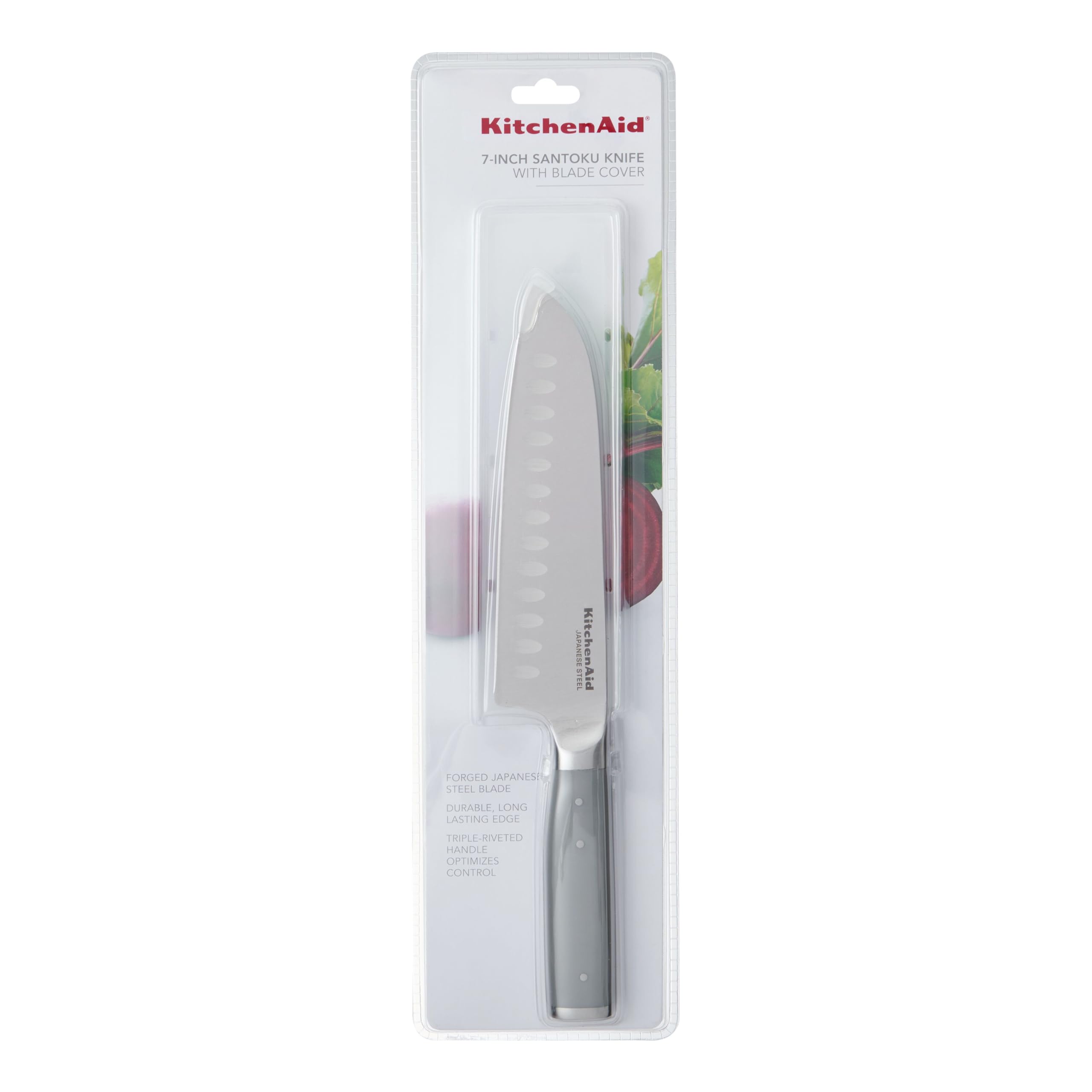 KitchenAid Gourmet Forged Santoku Knife with Custom-Fit Blade Cover, Sharp Kitchen Knife, High-Carbon Japanese Stainless Steel Blade, 7 Inch, Gray - Image 7
