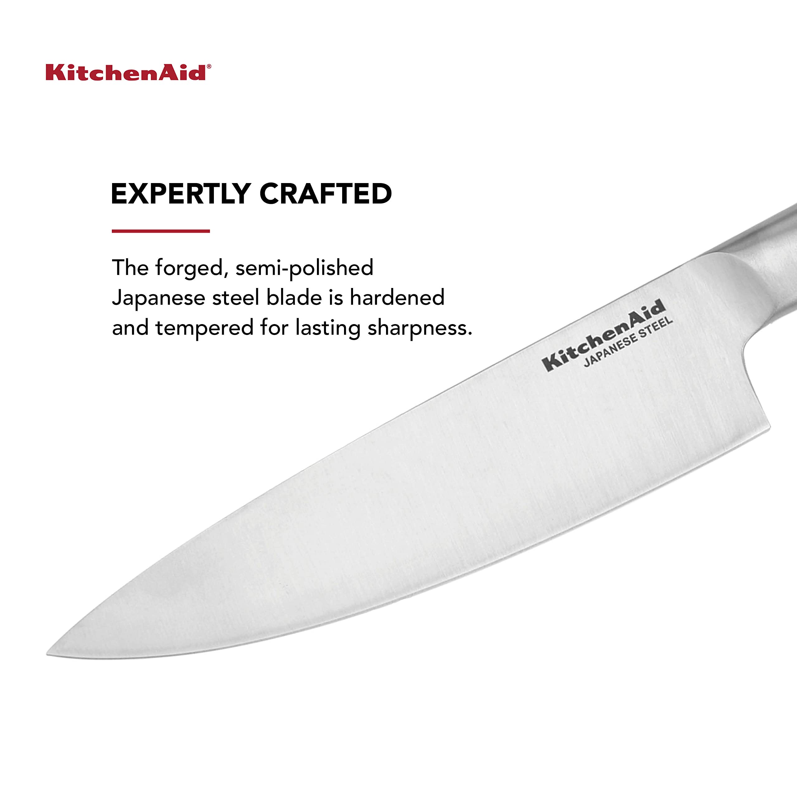 KitchenAid Gourmet Forged Stainless Steel Chef Knife with Custom-Fit Blade Cover, Sharp Kitchen Knife, High-Carbon Japanese Stainless Steel Blade, 8 Inch, Brushed Stainless Steel Handle - Image 3