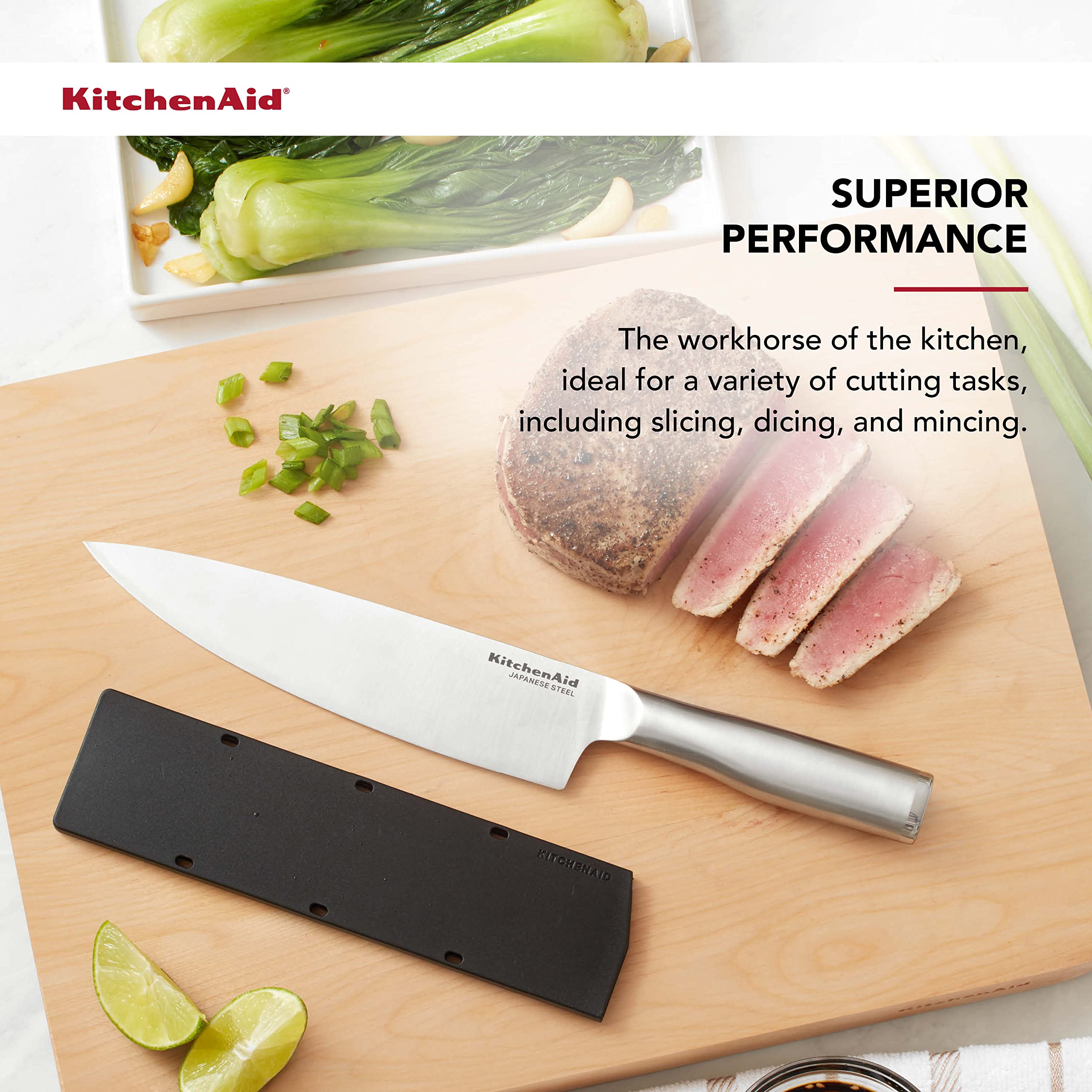 KitchenAid Gourmet Forged Stainless Steel Chef Knife with Custom-Fit Blade Cover, Sharp Kitchen Knife, High-Carbon Japanese Stainless Steel Blade, 8 Inch, Brushed Stainless Steel Handle - Image 4