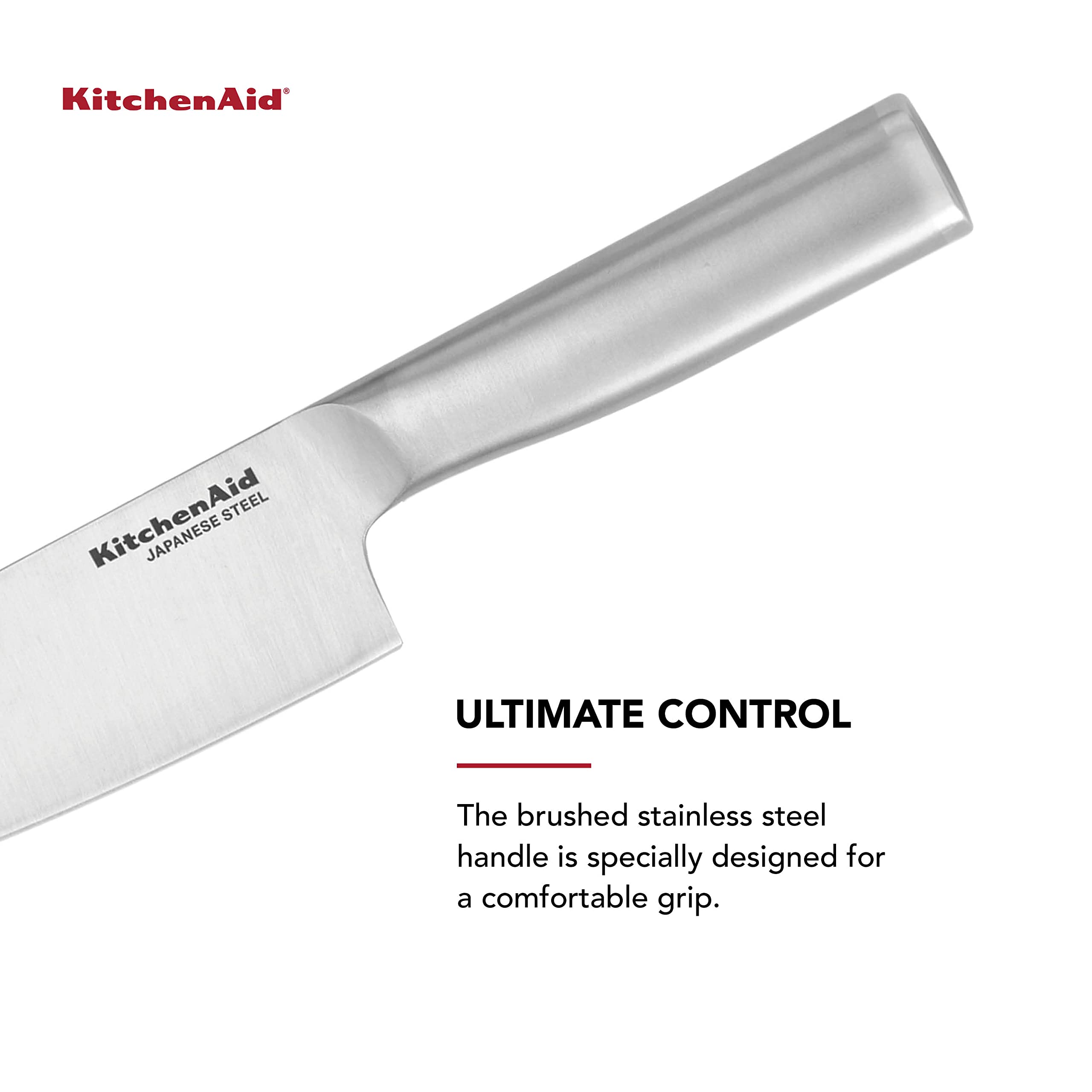 KitchenAid Gourmet Forged Stainless Steel Chef Knife with Custom-Fit Blade Cover, Sharp Kitchen Knife, High-Carbon Japanese Stainless Steel Blade, 8 Inch, Brushed Stainless Steel Handle - Image 5