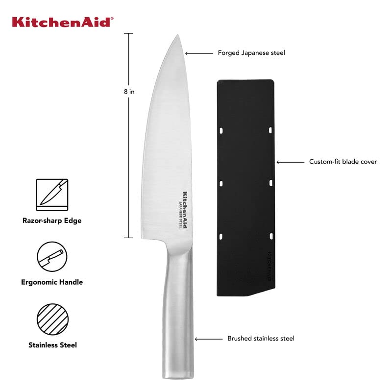 KitchenAid Gourmet Forged Stainless Steel Chef Knife with Custom-Fit Blade Cover, Sharp Kitchen Knife, High-Carbon Japanese Stainless Steel Blade, 8 Inch, Brushed Stainless Steel Handle - Image 6
