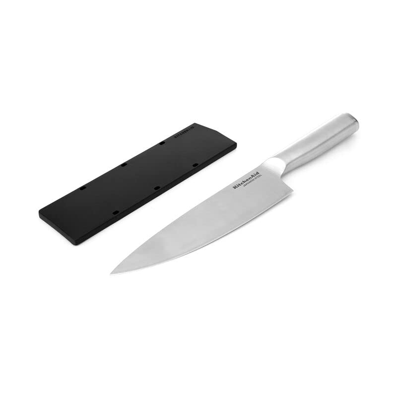 KitchenAid Gourmet Forged Stainless Steel Chef Knife with Custom-Fit Blade Cover, Sharp Kitchen Knife, High-Carbon Japanese Stainless Steel Blade, 8 Inch, Brushed Stainless Steel Handle - Image 7