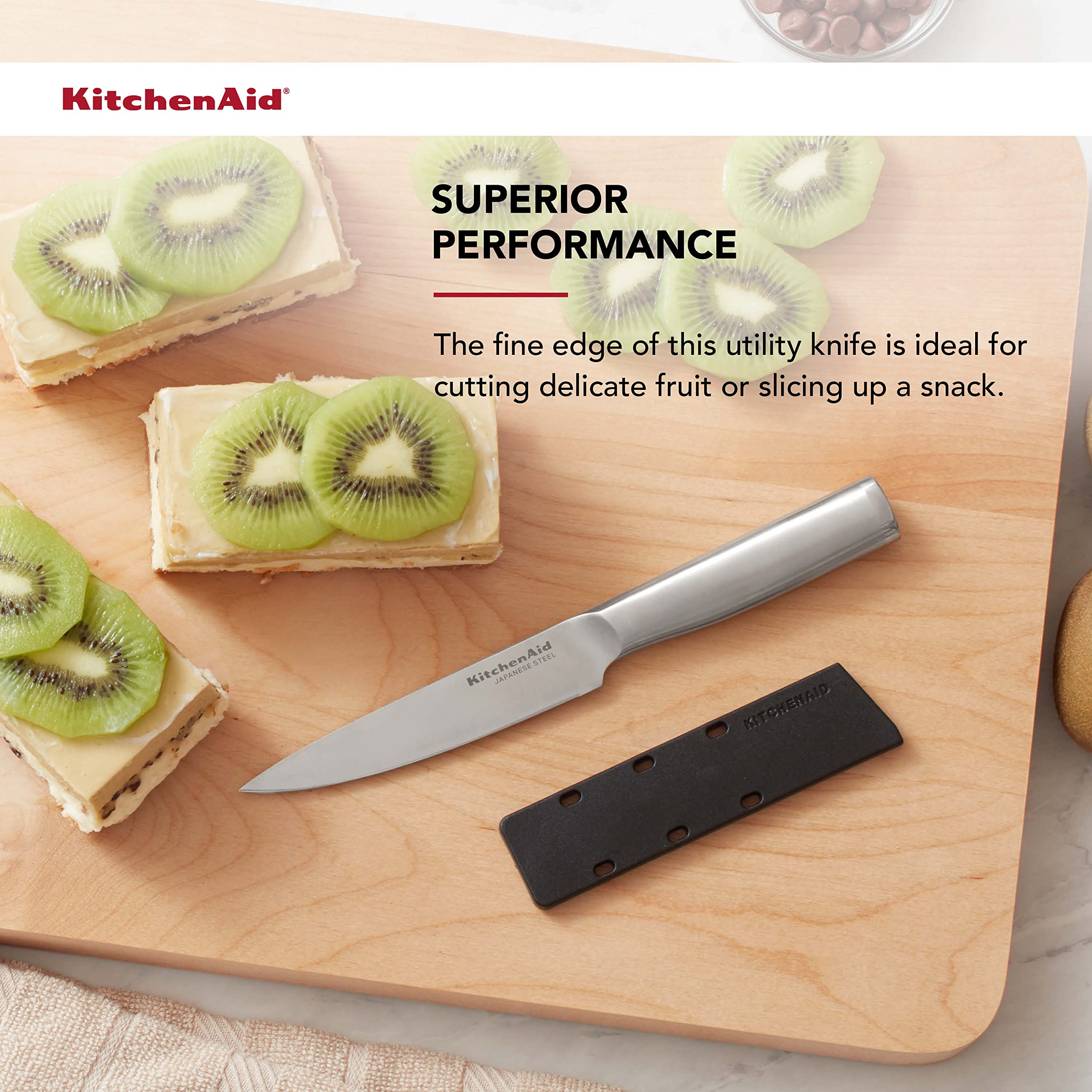 KitchenAid Gourmet Forged Stainless Steel Fine-Edge Utility Knife with Custom-Fit Blade Cover, 4.5-inch, Sharp Kitchen Knife, High-Carbon Japanese Stainless Steel Blade, Brushed Stainless Steel Handle - Image 3