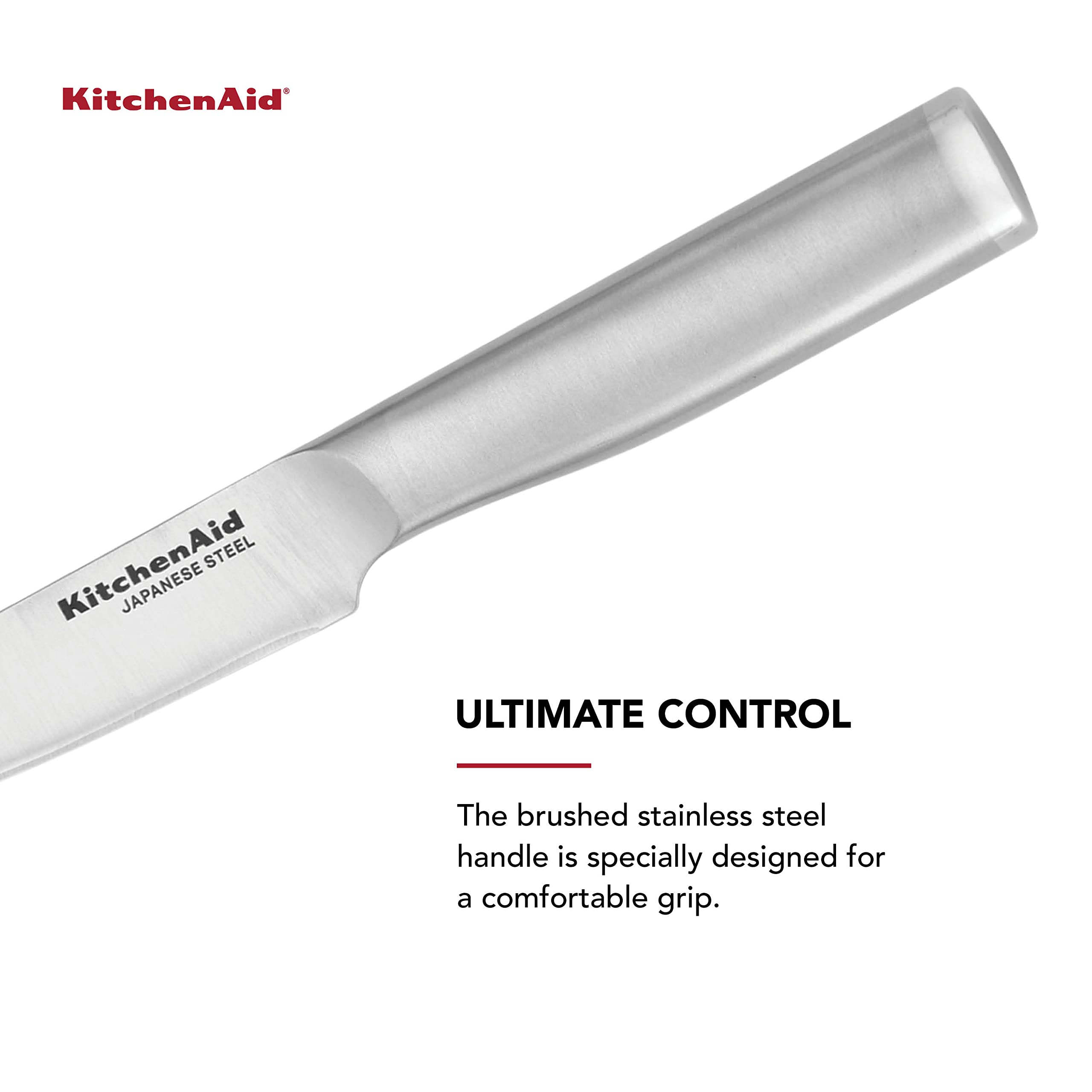 KitchenAid Gourmet Forged Stainless Steel Fine-Edge Utility Knife with Custom-Fit Blade Cover, 4.5-inch, Sharp Kitchen Knife, High-Carbon Japanese Stainless Steel Blade, Brushed Stainless Steel Handle - Image 4