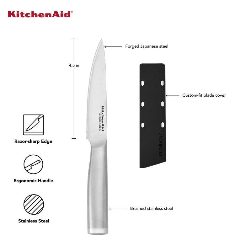 KitchenAid Gourmet Forged Stainless Steel Fine-Edge Utility Knife with Custom-Fit Blade Cover, 4.5-inch, Sharp Kitchen Knife, High-Carbon Japanese Stainless Steel Blade, Brushed Stainless Steel Handle - Image 5