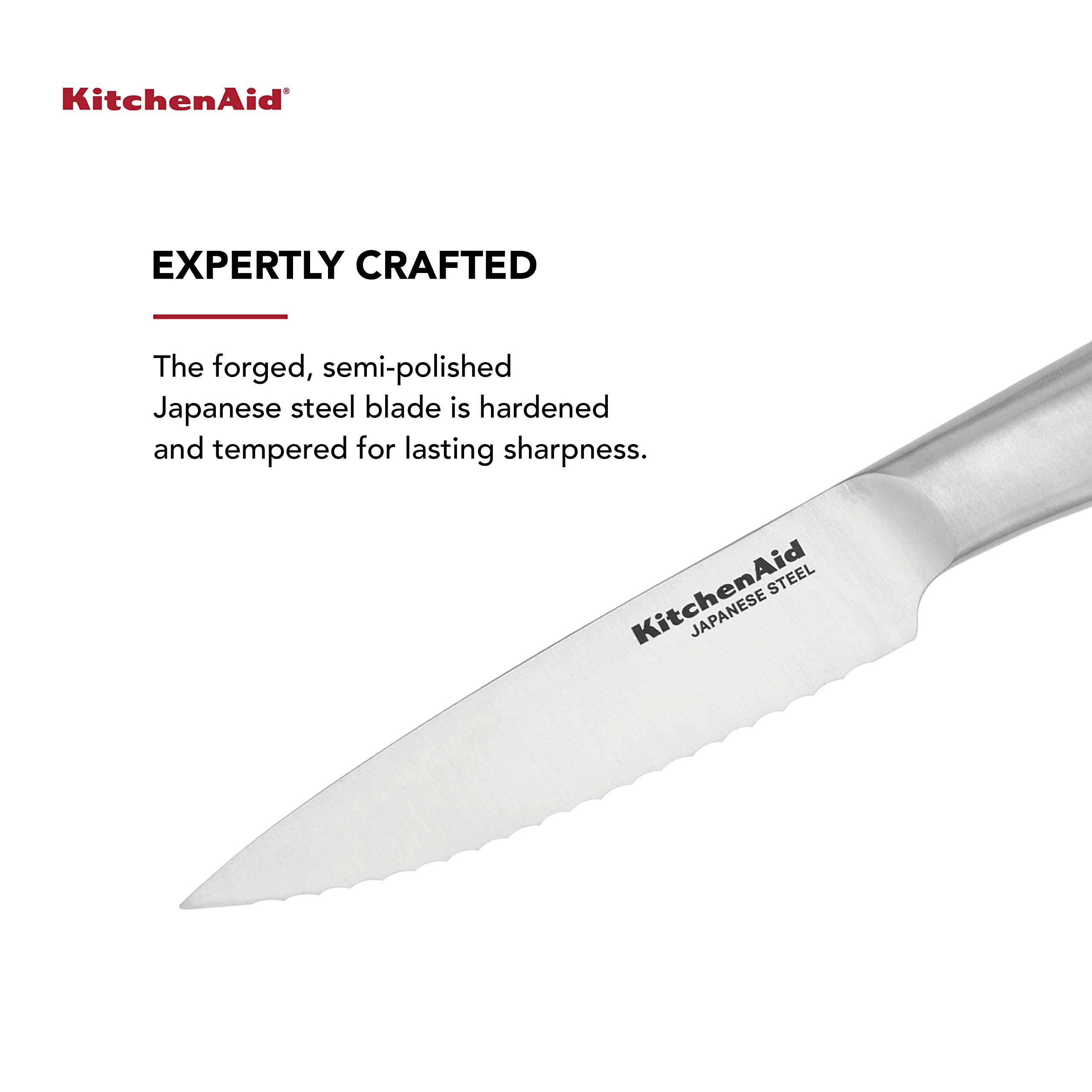 KitchenAid Gourmet Forged Stainless Steel Serrated Utility Knife with Custom-Fit Blade Cover, 5.5-inch, Sharp Kitchen Knife, Brushed Stainless Steel Handle - Image 3