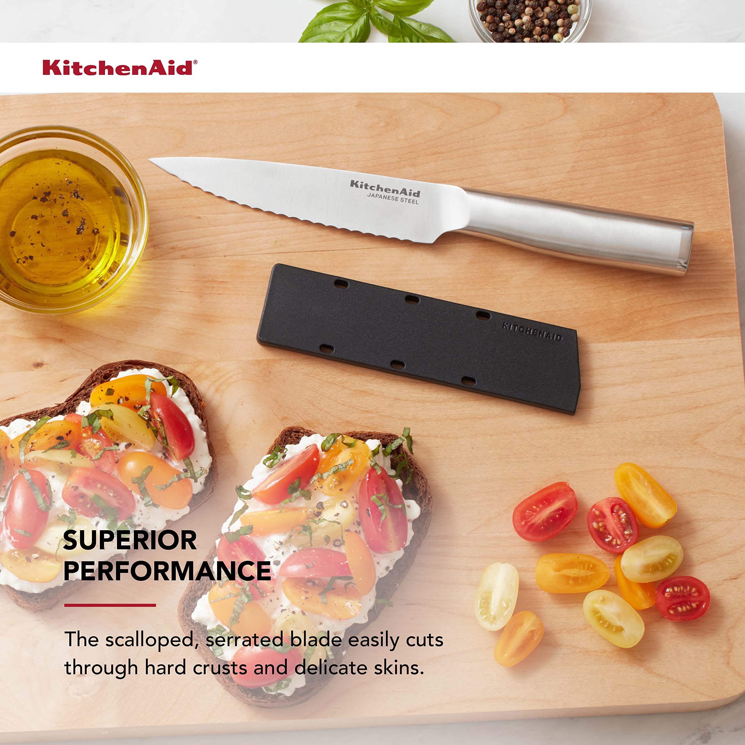 KitchenAid Gourmet Forged Stainless Steel Serrated Utility Knife with Custom-Fit Blade Cover, 5.5-inch, Sharp Kitchen Knife, Brushed Stainless Steel Handle - Image 4