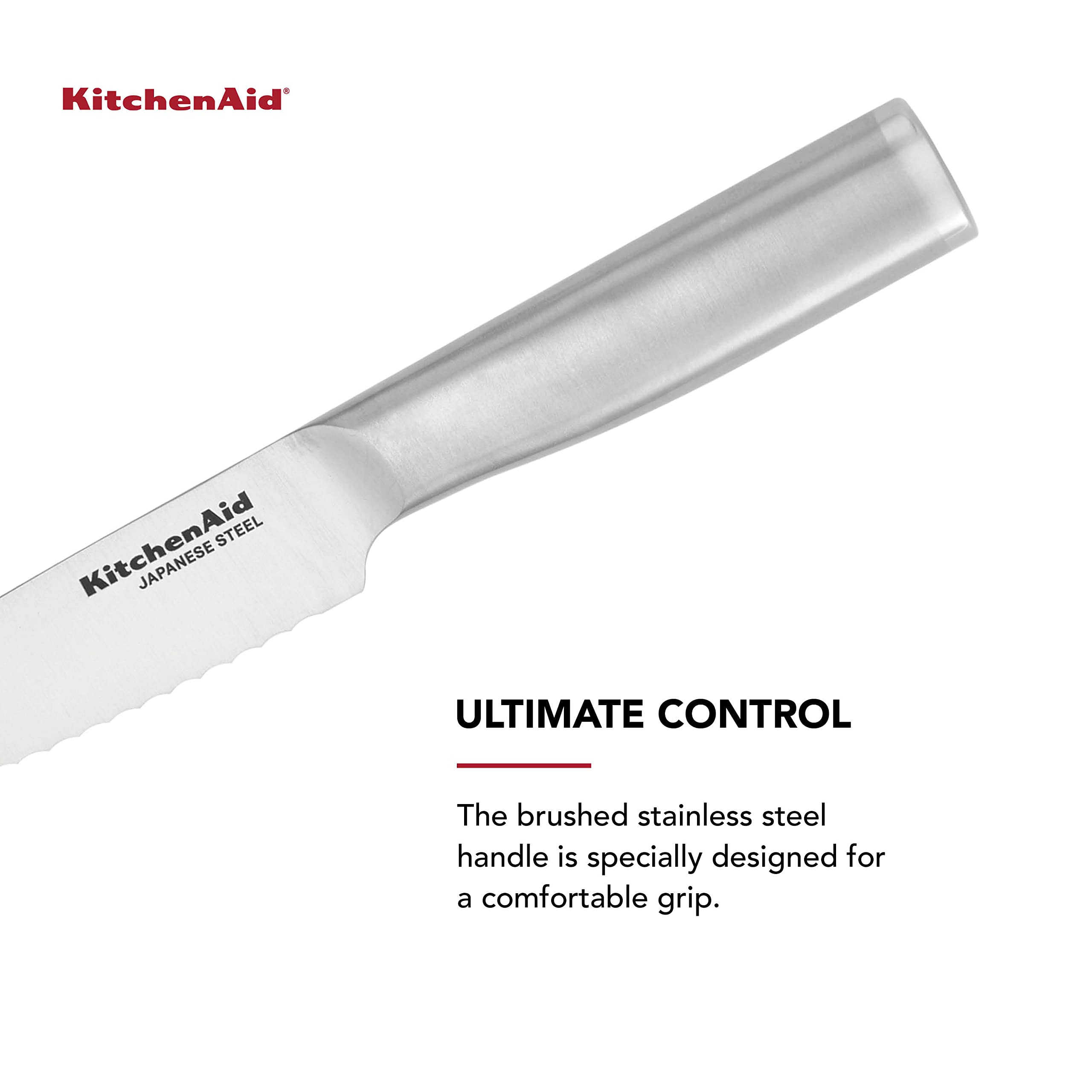 KitchenAid Gourmet Forged Stainless Steel Serrated Utility Knife with Custom-Fit Blade Cover, 5.5-inch, Sharp Kitchen Knife, Brushed Stainless Steel Handle - Image 5