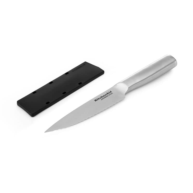KitchenAid Gourmet Forged Stainless Steel Serrated Utility Knife with Custom-Fit Blade Cover, 5.5-inch, Sharp Kitchen Knife, Brushed Stainless Steel Handle - Image 7