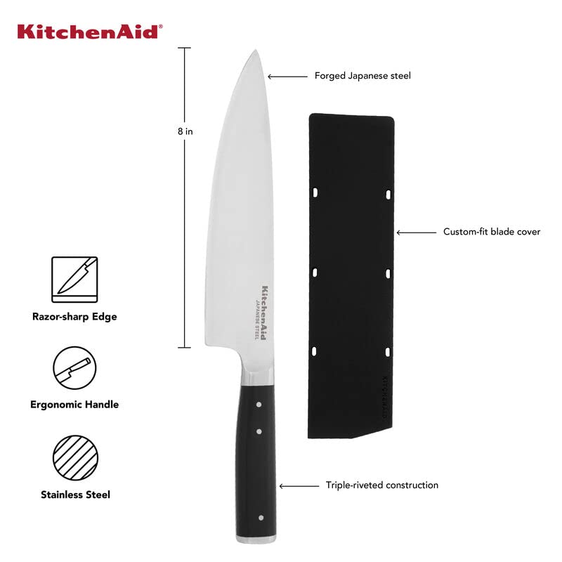 KitchenAid Gourmet Forged Triple Rivet Chef Knife with Custom-Fit Blade Cover, 8-inch, Sharp Kitchen Knife, High-Carbon Japanese Stainless Steel Blade, Black - Image 4