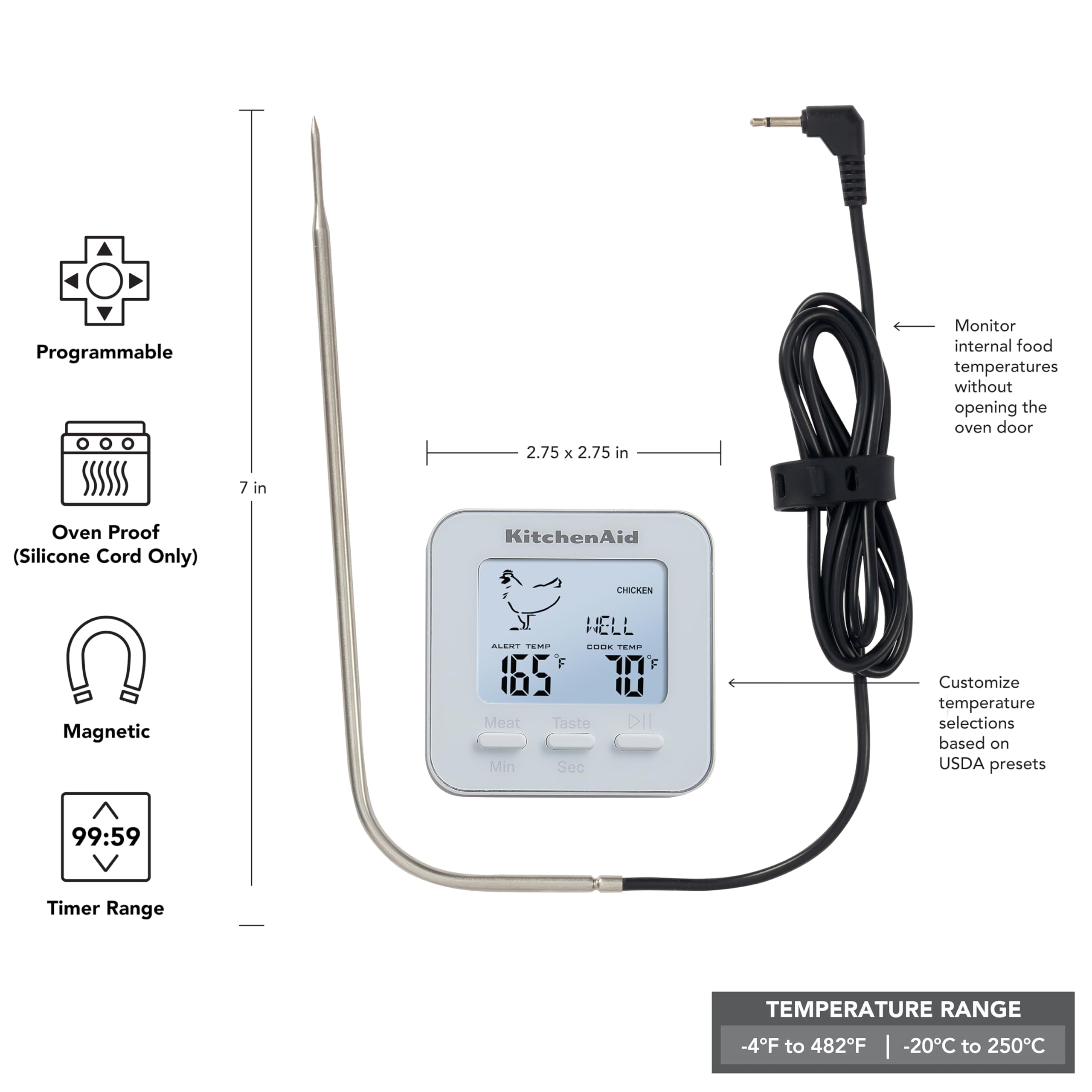 KitchenAid KQ906WH Programmable Wired Probe Thermometer White, Temperature Range: -40F to 482F/-40C to 250C, White - Image 4