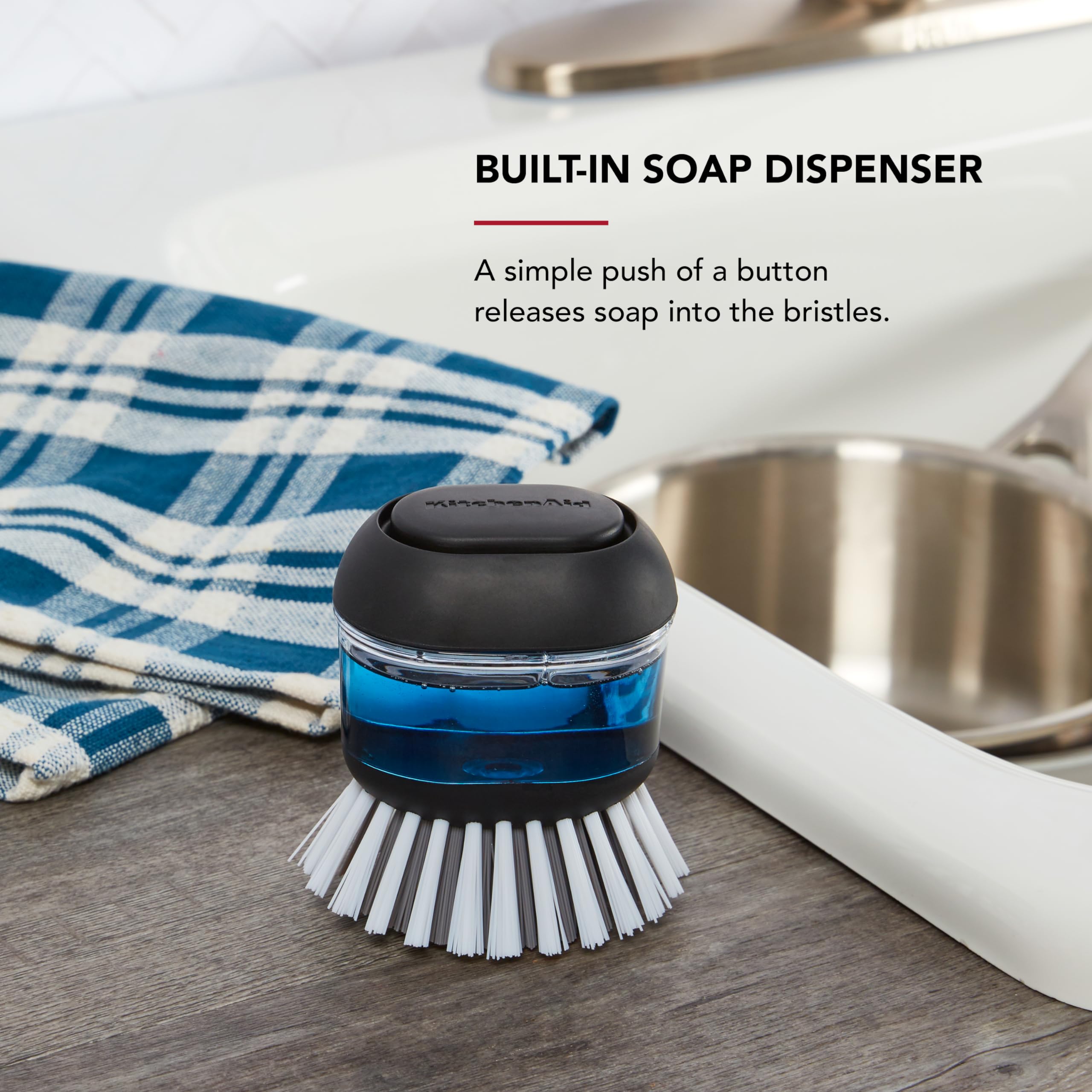 KitchenAid Soap Dispensing Palm Brush with Built in Easy to Fill Soap Dispenser, Non Slip Grip for Easy Cleaning, Safe on Non Stick Cookware, 2.95 x 2.17 x 3.54 inches, Black - Image 4