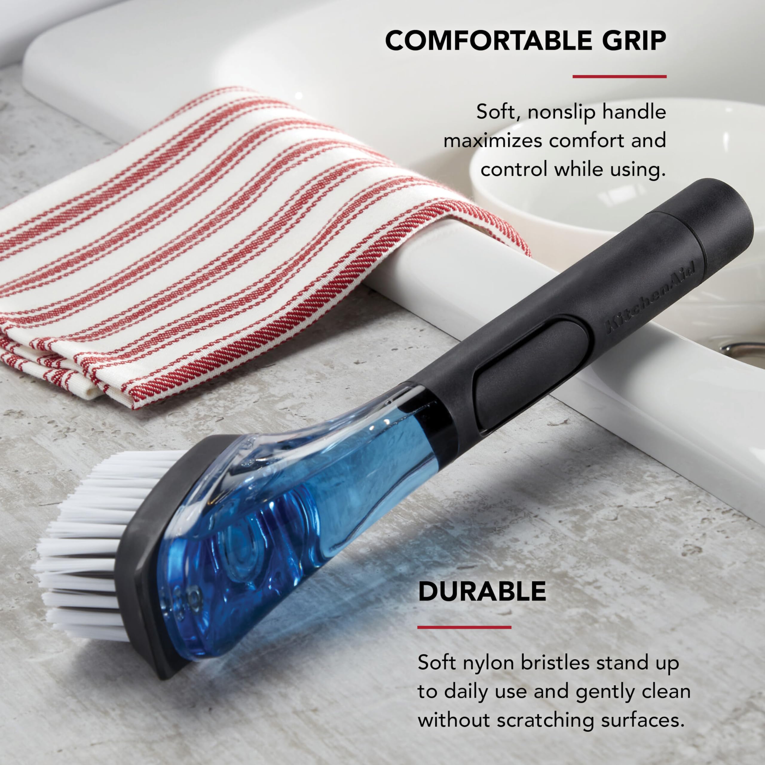 KitchenAid Soap Dispensing Sink Brush with Easy to Fill Handle, Nylon Bristles for Tough Cleaning, Comfort Grip Handle for Non Slip Grip, Black - Image 4