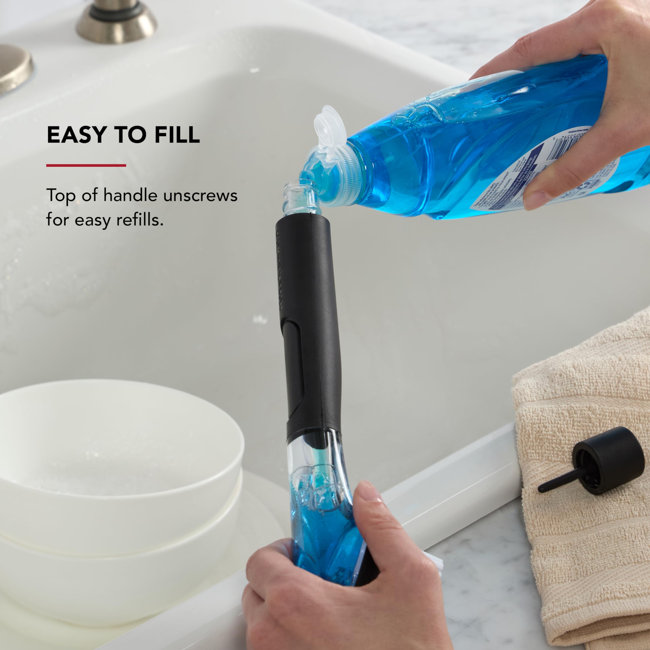 KitchenAid Soap Dispensing Sink Brush with Easy to Fill Handle, Nylon Bristles for Tough Cleaning, Comfort Grip Handle for Non Slip Grip, Black - Image 6