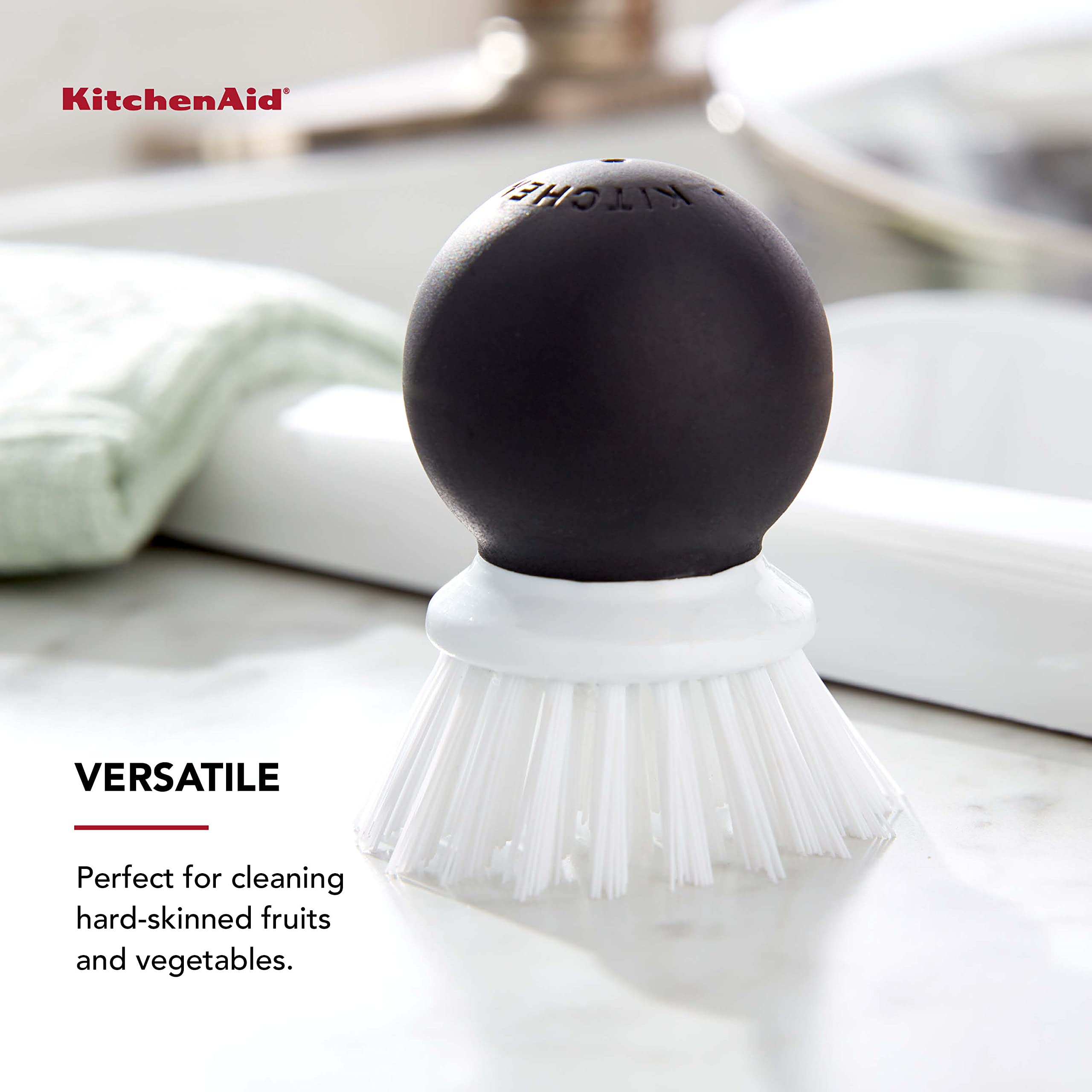KitchenAid Soft Grip Vegetable Brush for Hard Skinned Fruits and Vegetables, Sturdy Bristles for Tough Scrubbing, Soft Girp Handle for Optimal Conrtol, Dishwasher Safe, 2.05 Inch, Black - Image 3