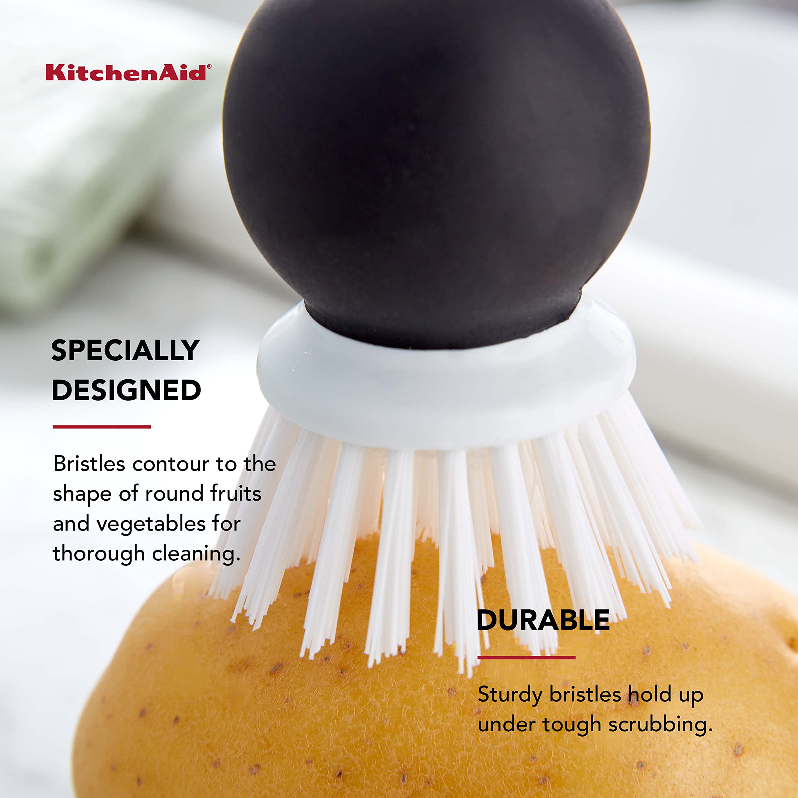 KitchenAid Soft Grip Vegetable Brush for Hard Skinned Fruits and Vegetables, Sturdy Bristles for Tough Scrubbing, Soft Girp Handle for Optimal Conrtol, Dishwasher Safe, 2.05 Inch, Black - Image 4