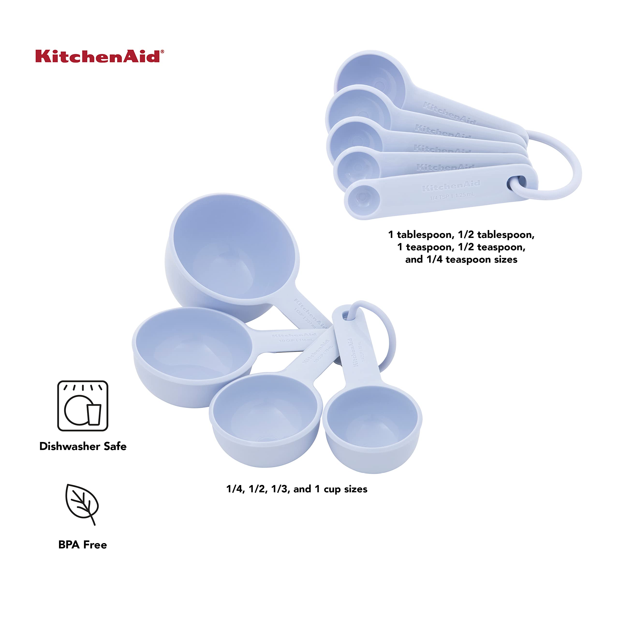 KitchenAid Universal Easy To Read Measuring Cup and Spoon Set with Soft Grip Handle for Maximum Control, Hang Hole and Nesting For Easy Storage, Dishwasher Safe, 9 Piece, Lavender Cream - Image 3